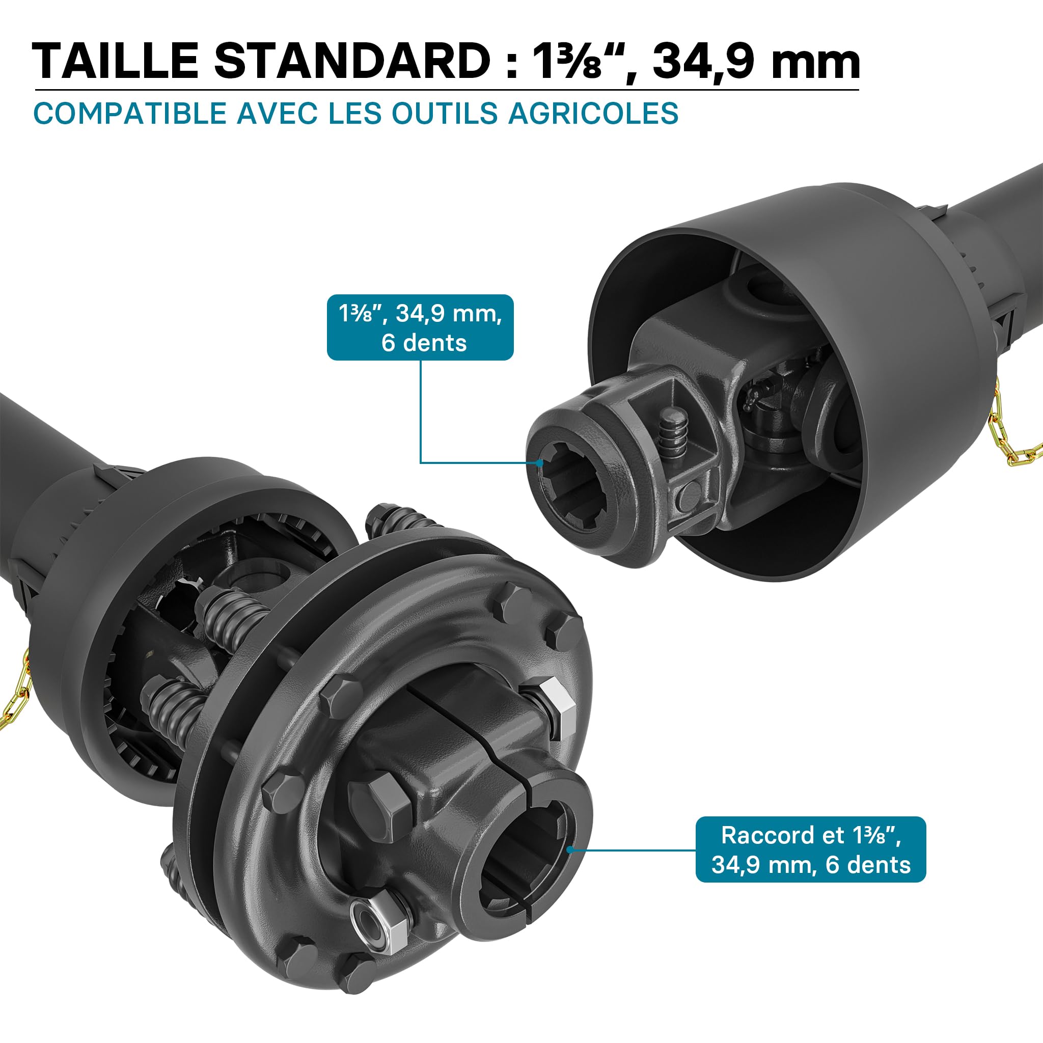 WilTec Arbre Transmission T4 cardan - Longueur 1100-1210 mm / 2X 1 3/8" 6 Dents & Embrayage / 460 Nm / 540 TR/Min / 40 KW (55 CV) - Prise de Force agricole