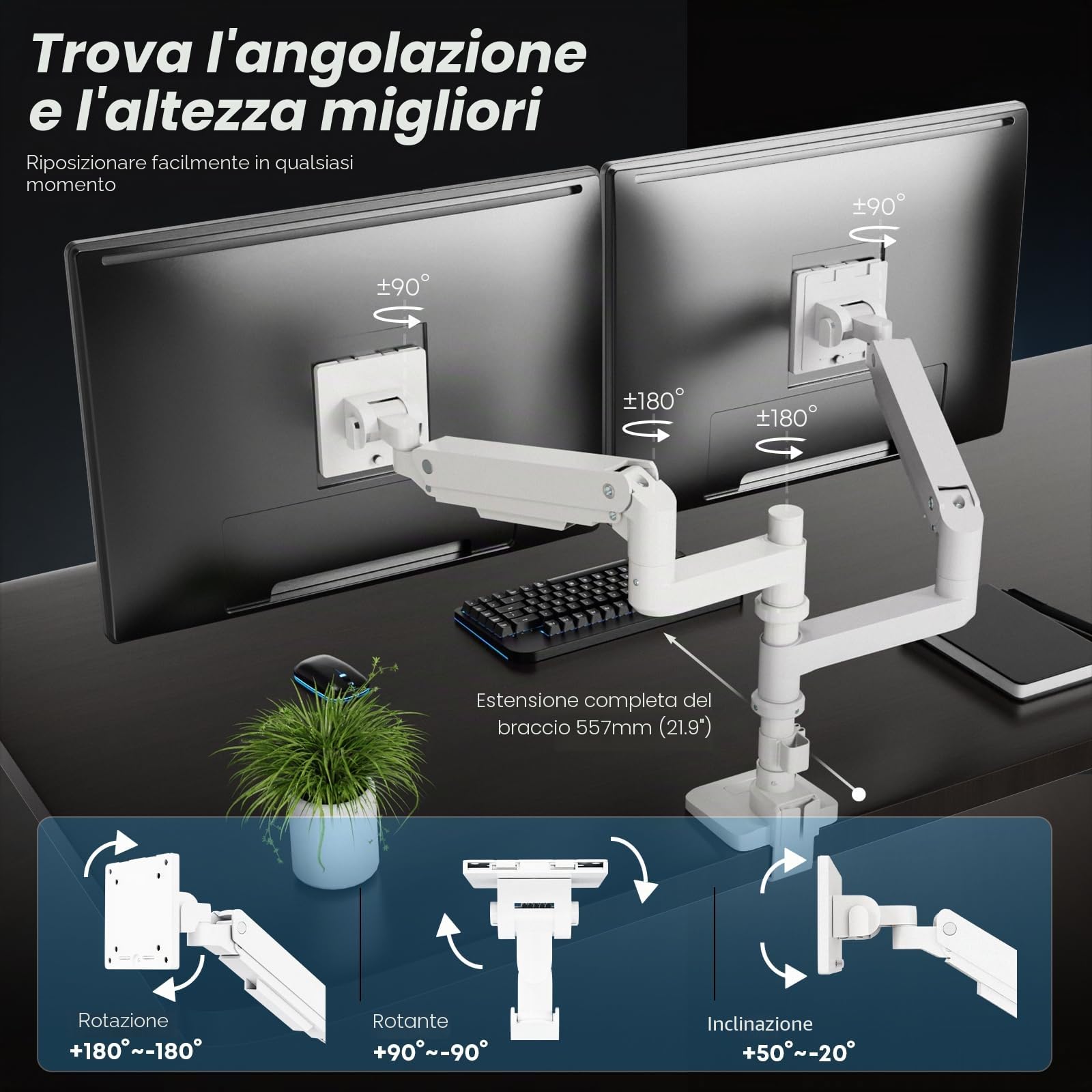 PUTORSEN Supporto per monitor 2 monitor per schermo piatto e curvo da 17 – 49 pollici, molla a gas doppio monitor, regolabile in altezza, orientabile, capacità di peso 2 – 20 kg per braccio