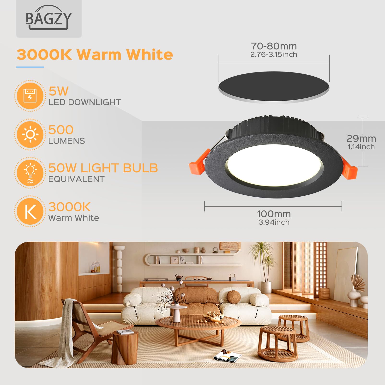 BAGZY LED Einbaustrahler 230V Schwarz Spots Flach 5W 230V IP44, 480 Lumen 10er Set Warmweiß 3000K Ausschnitt 70-80mm,CRI 80,Einbauleuchten Decken Spot,für Schlafzimmer Badezimmer Wohnzimmer