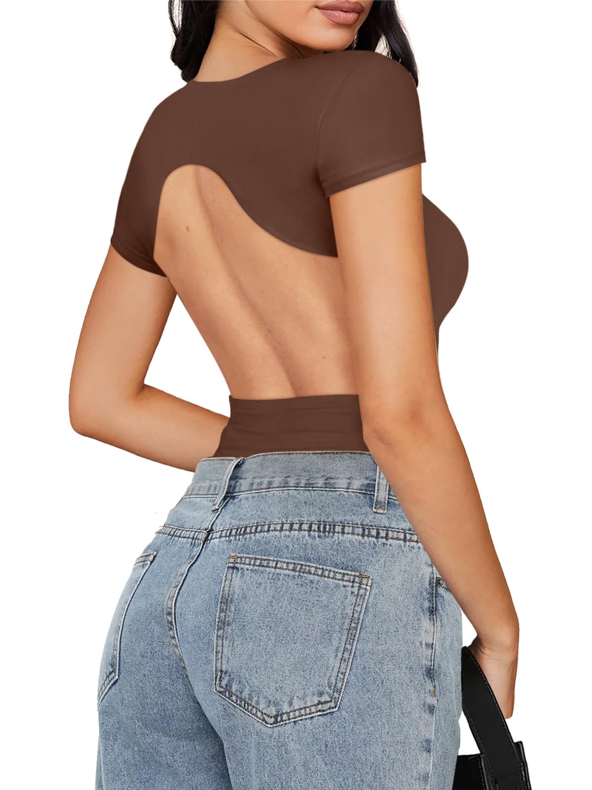 REORIAWomens Sexy Backless Body suit Double Lined Crew Neck Short Sleeve Going Out Bodysuits Tops