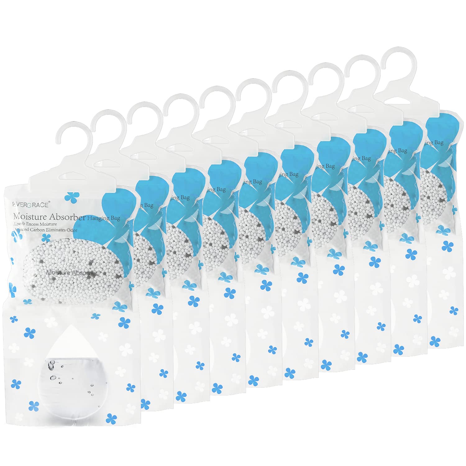 EVERGRACE Moisture Absorbers 10 Packs 240g, Hanging Moisture Bags Fragrance Free Dehumidifier Bags for Basements, Bathroom, Bedroom, Cars, Closets, Dormitory, Kitchen, Laundry Rooms