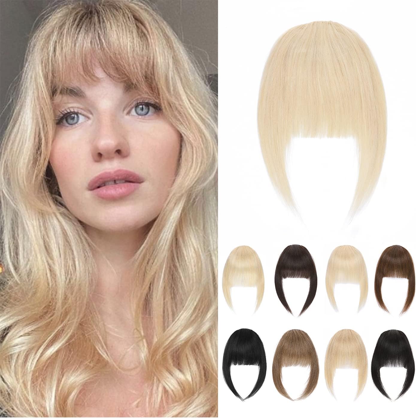 Platinum Blonde Clip in Bangs Human Hair Fake Bangs Clip On French Bangs Real Hair Bangs Fringe with Temples Hair Bangs Clip on Hair Piece for Women Daily Wear(#60-Platinum Blonde)