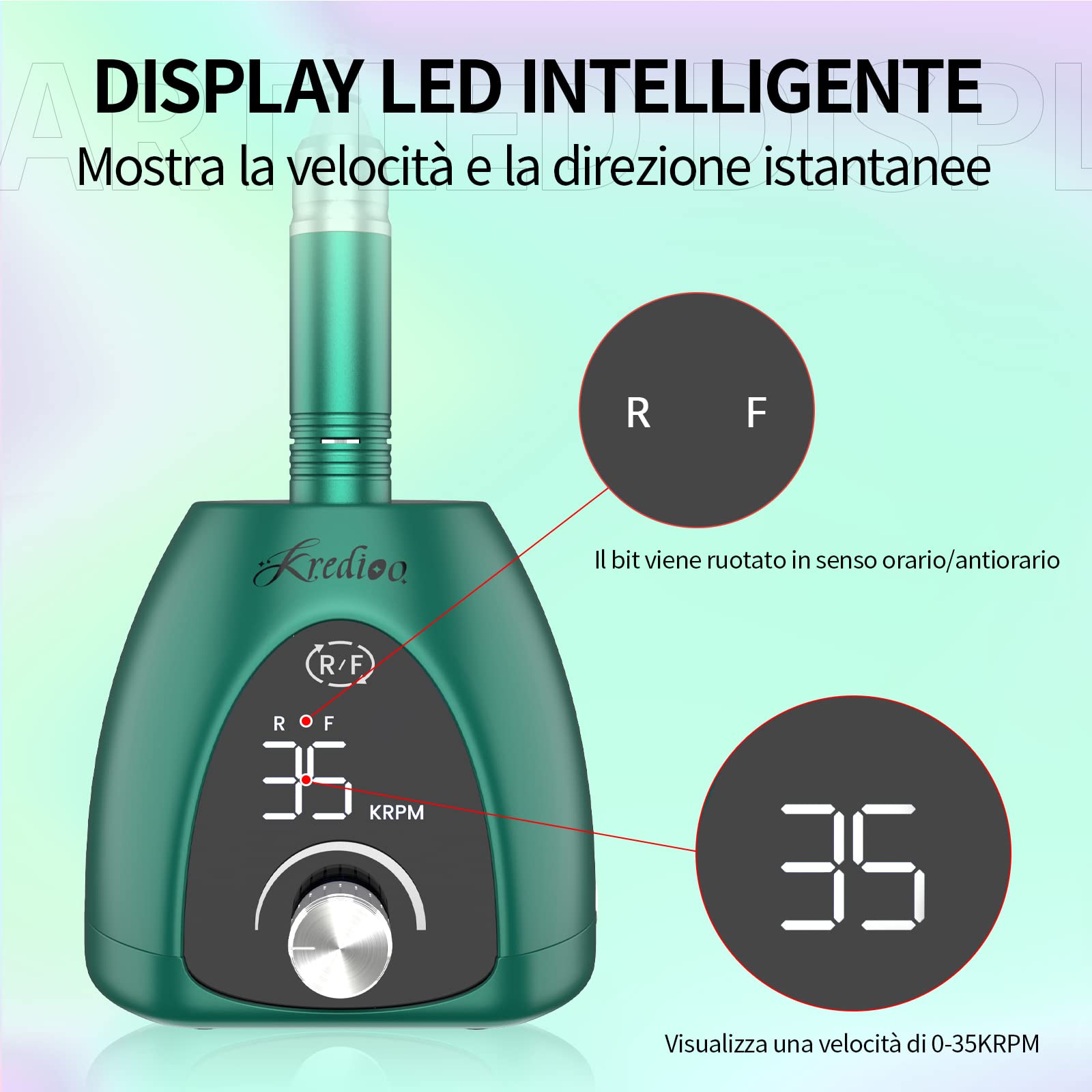 Kredioo Fresa per Unghie Professionale 35000RPM, Lima Elettrica per Manicure e Pedicure, Rimozione Gel/Smalto, Trapano Elettrico, Kit 6 Punte Fresa Unghie, LED, Pulsante Pausa, Verde