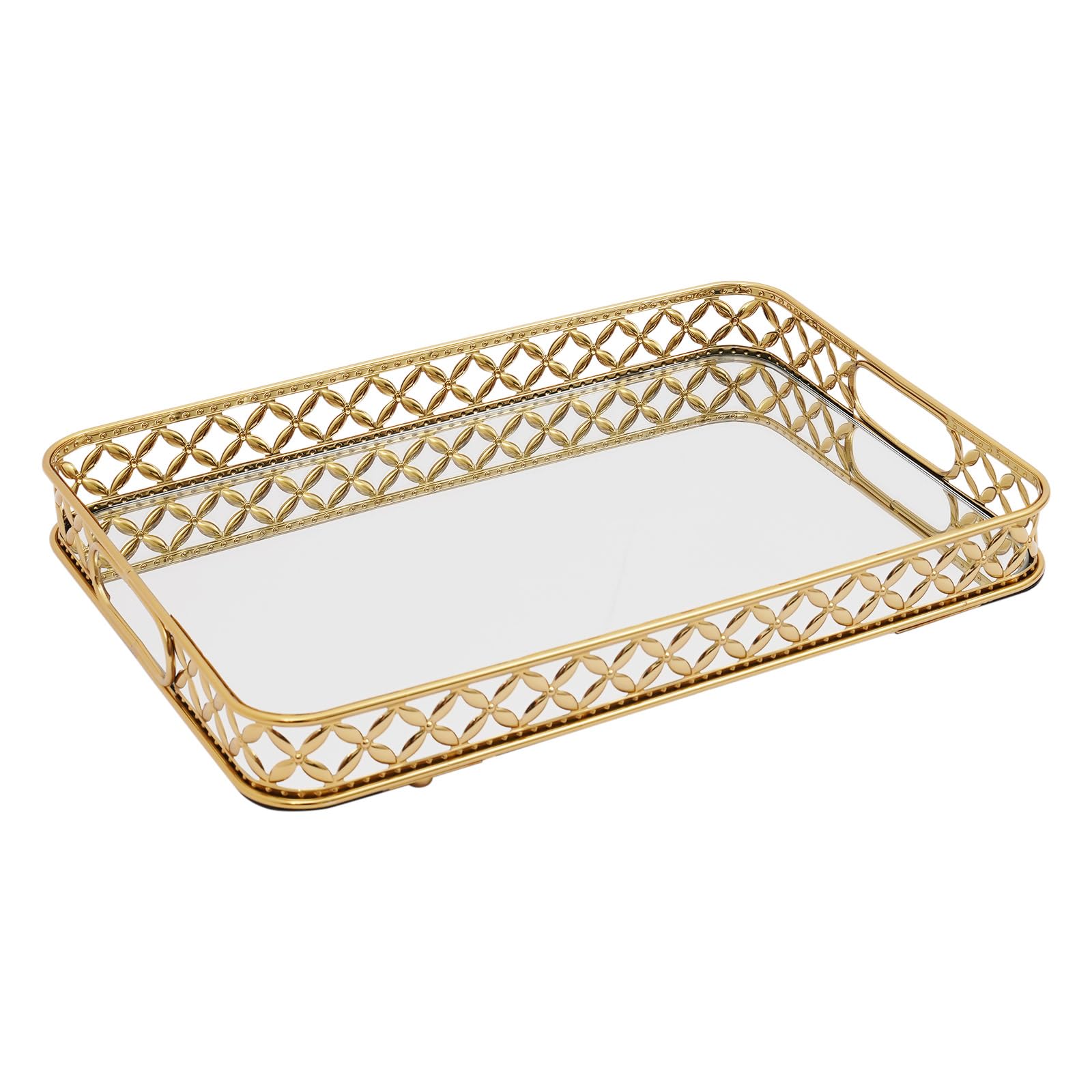 Vassoio rettangolare dorato a specchio, 38 x 26 x 6 cm, in vetro e metallo