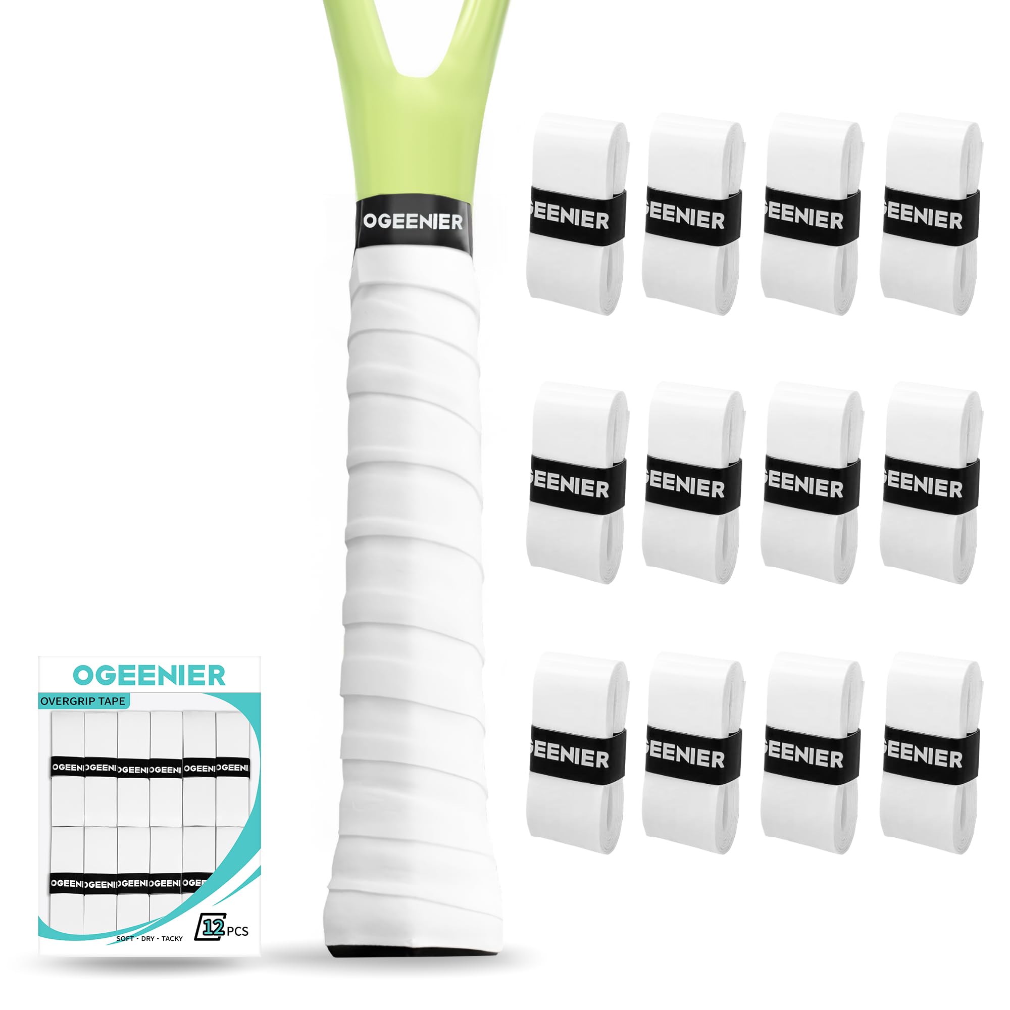 Ogeenier Tennis Racket Grip Tape, 12 Pack, Absorbent and Anti-Slip Badminton Squash Racket Grip, Precut Soft Racquet Padel Overgrip Tape
