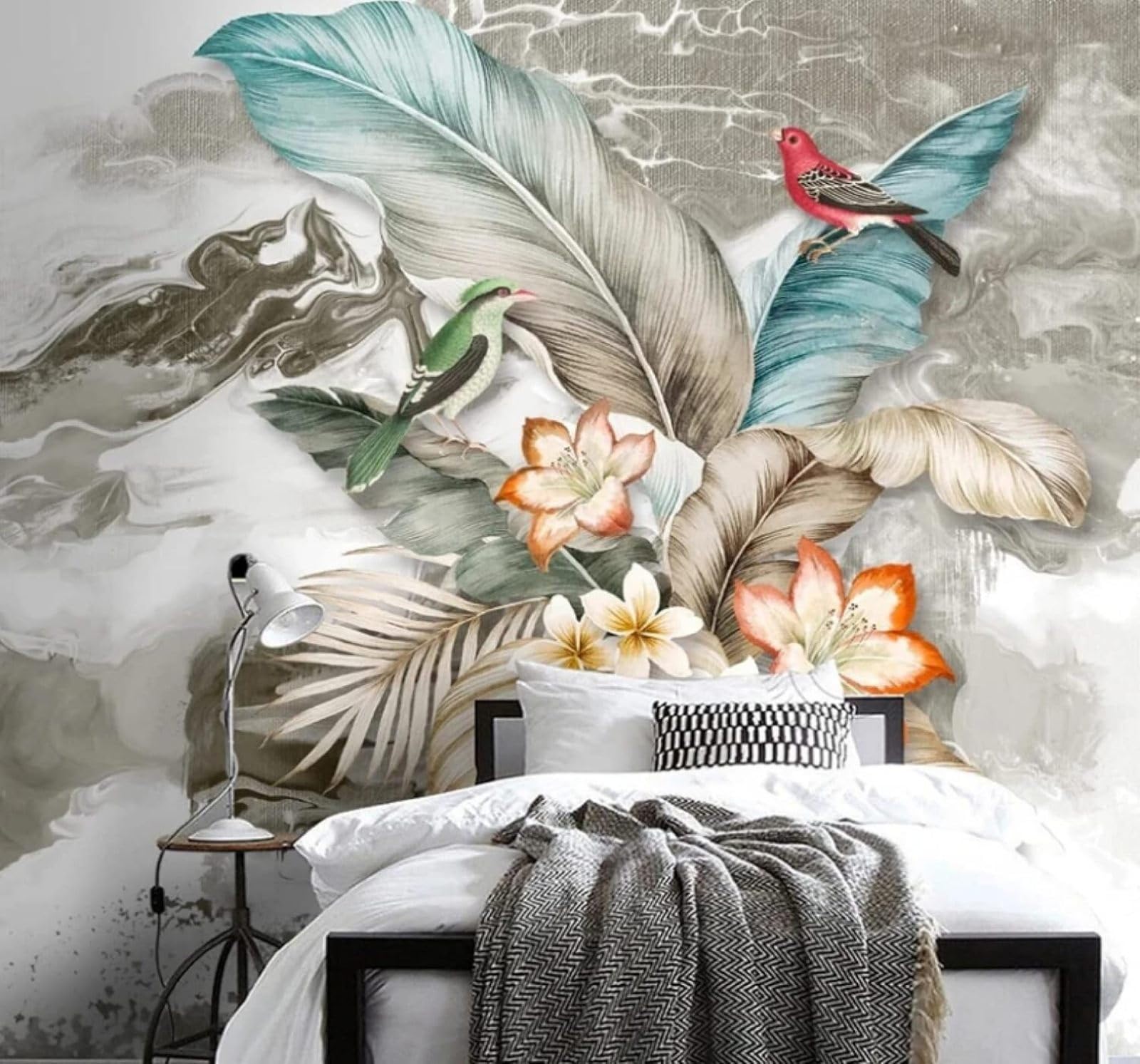 XLMING Abstract Hand Drawn Plants Leaves Birds 3D Wallpaper Luxury Silk Study Dining Feature Sofa Grey Bedroom Living Room Tv Decorative Wall-300cm×210cm