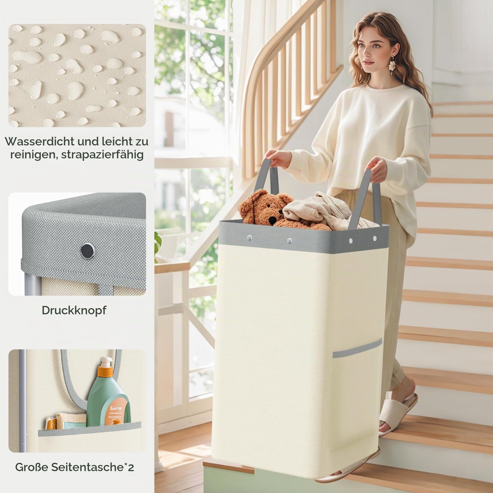 JYPS Wäschekorb, 150L Groß Wäschekorb mit Rollen&Griff, Wäschesammler mit Herausnehmbaren Wäschesack, Laundry Baskets Wäschebehälter,Waschesammelbox für Waschküche, Schlafzimmer, Badezimmer (Khaki)