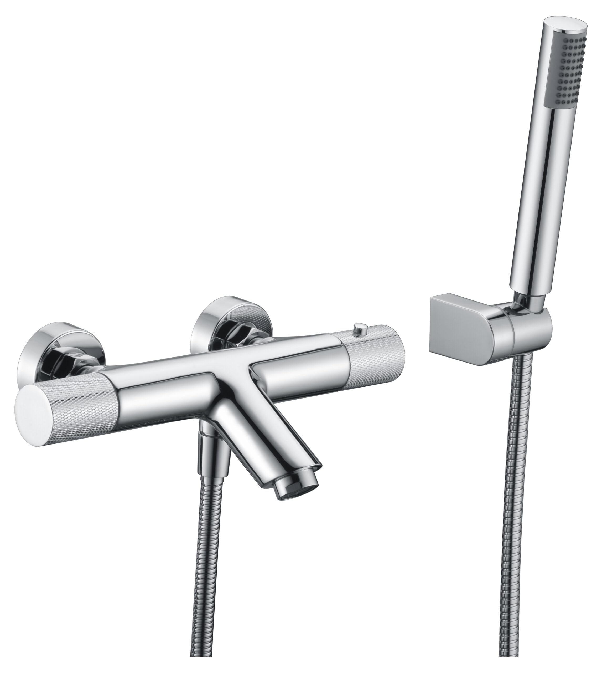 IMEX - Grifo Termostatico Bañera y Ducha Cromado | Grifo Mezclador de Pared con Soporte Alcachofa de Ducha y Manguera | Grifería en Latón y Acero Inoxidable S.304 | Serie Line