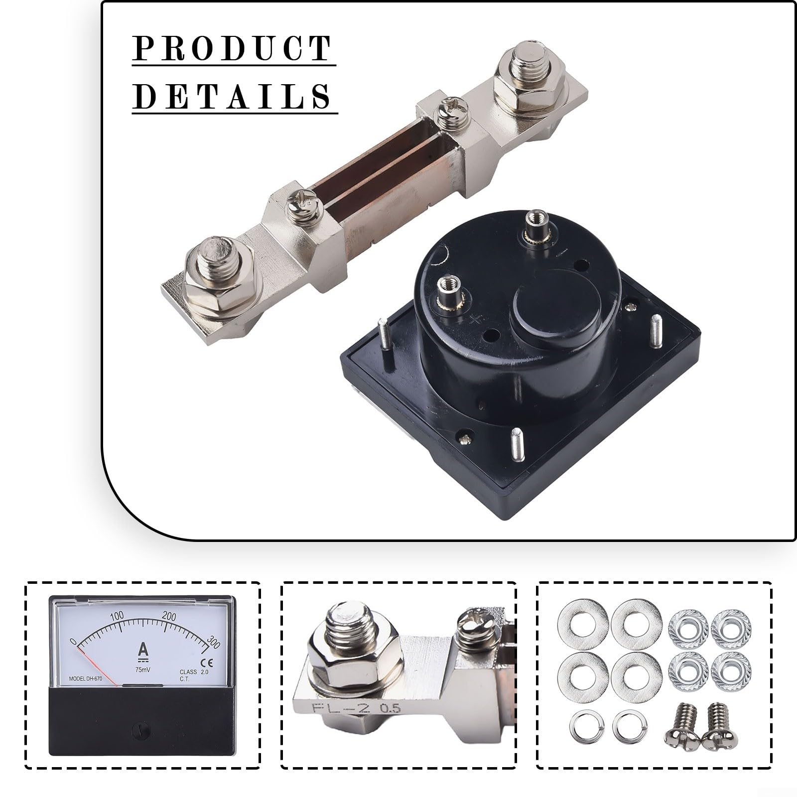 DH-670 Ampèremètre analogique DC 0-200 A/300 A avec shunt, ampèremètre DH-670 CC 0-200 A/300 A/75 mV et ampère de panneau de shunt (300 A)