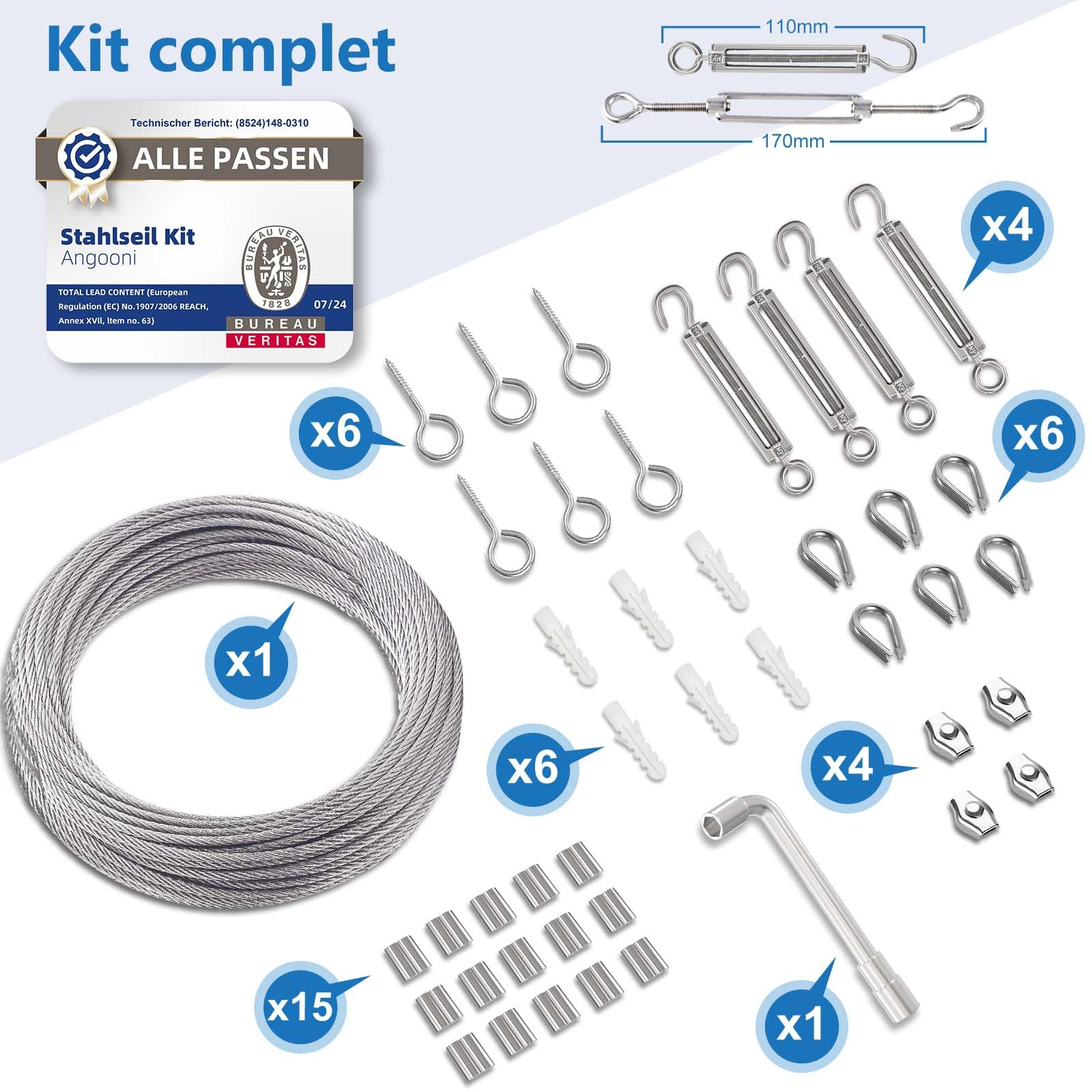 Angooni Lot de câbles en acier de 20 m, câble métallique épais de 3 mm, tendeur de câble M5, tendeur de câble en acier inoxydable, crochet mural M5, câble en acier avec œillets, tuteurs pour plantes