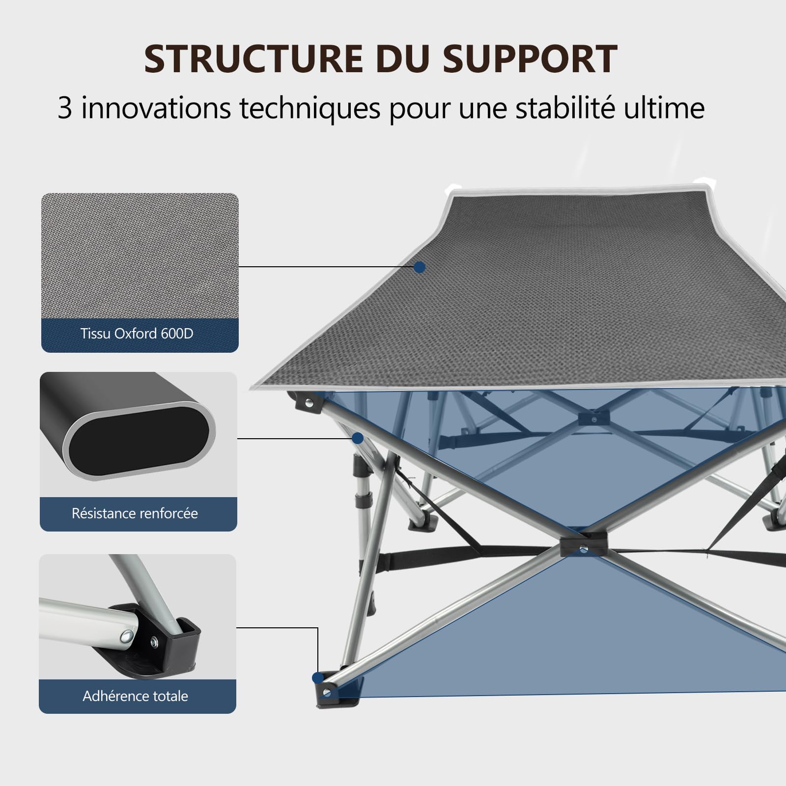 Bonnlo Lit de Camp Pliable en Acier avec Sac de Transport Lit de Camping en Oxford 600D Charge Max. Jusqu'à 150kg, Lit de Voyage Parfait pour Jardin, Camping, Plage et Intérieur, Gris, 190×71x36 cm