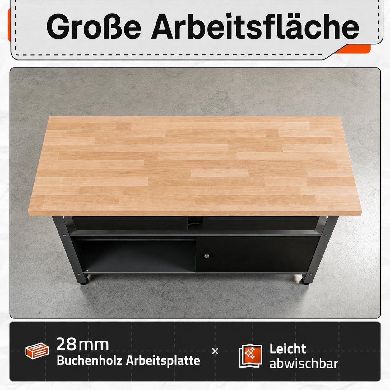 Ondis24 Werkstatteinrichtung Werkstatt Set Werkbank Fritz Hängeschrank Werkzeugwand Metall Schwarz Grau (Hängeschrank Kurt, 120 cm), mit Buchenholzplatte