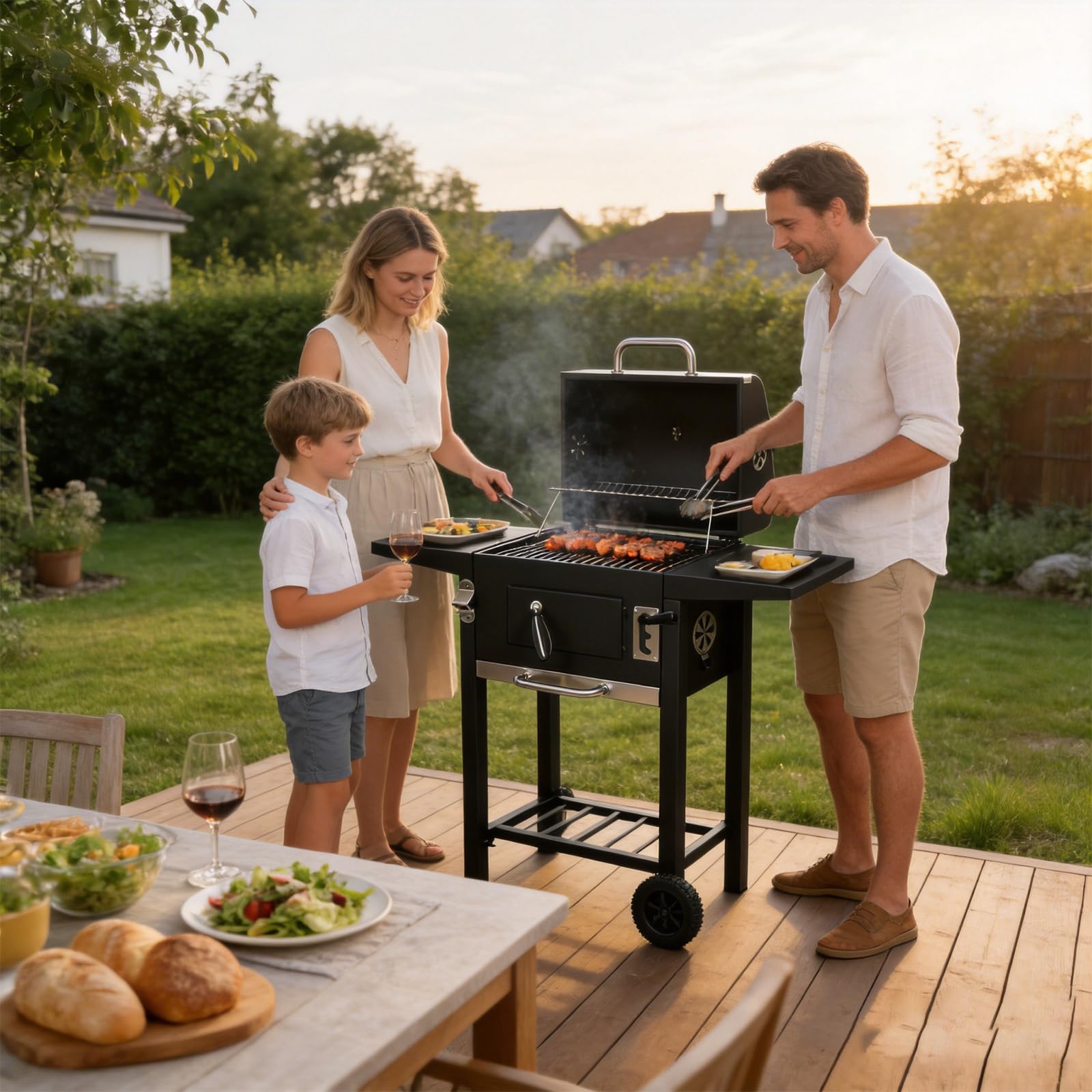 LQWELL Grillwagen, Holzkohlegrill BBQ Smoker Trolley, Standgrill mit Deckel, Edelstahl-griff, Grillrost, Thermometer, Flaschenöffner und Rädern, Maße ca. L109 x W54 x H94.5 cm, Schwarz