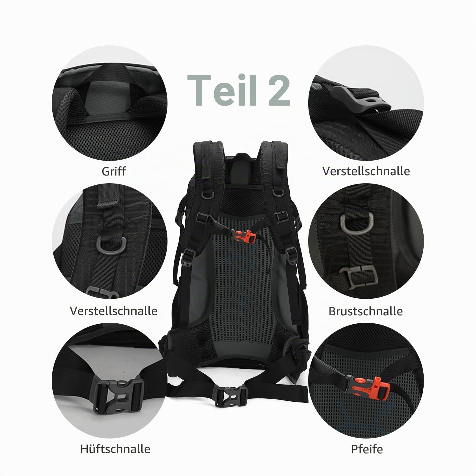 Aoking,Rucksack zum Wandern/Klettern,50L,YJN67363,Standardelemente:abnehmbares Airflow-Mesh-Board,wasserdicht,SOS-Pfeife,Regenschutz
