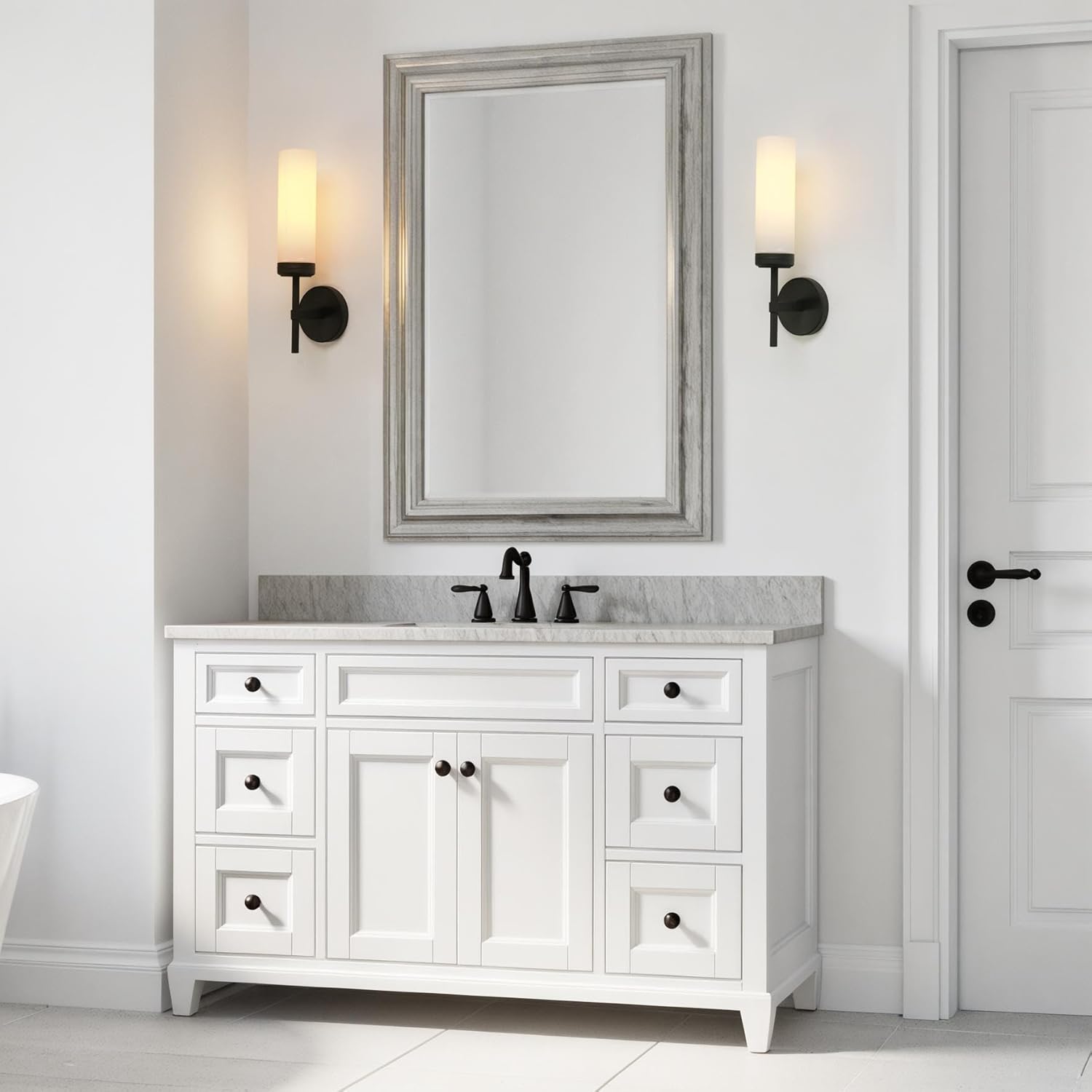 Pathson 1-Light Hardwired Wall Sconce with Milk White Tube Glass, Aluminum Modern Bathroom Sconce for Mirror, Black Wall Vanity Light Fixtures Decor for Living Room Bedroom