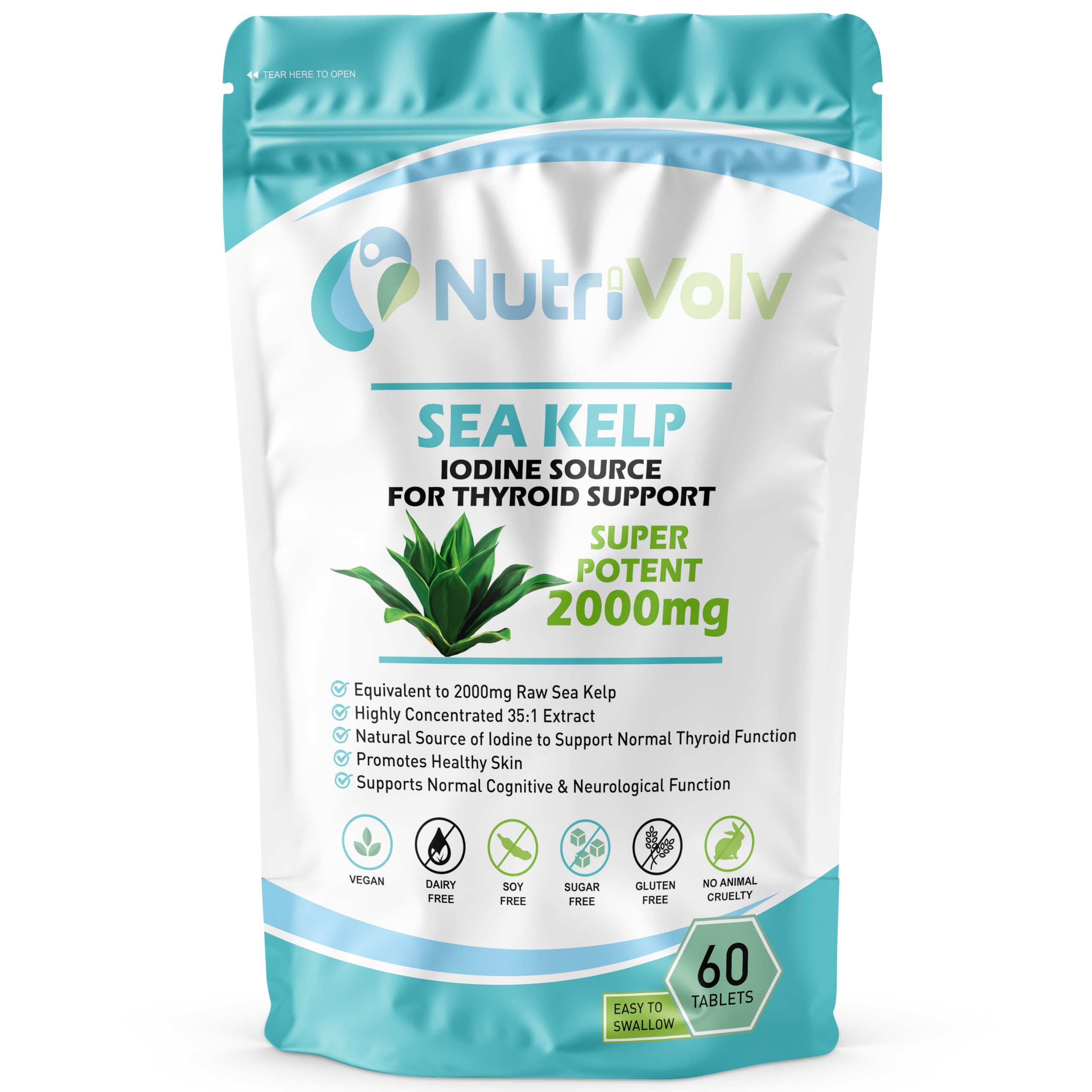 Nutrivolv Sea Kelp 2000mg Iodine Supplement - 60 Tablets - Source of Iodine Thyroid Improves Hair Growth, Skin & Immune System