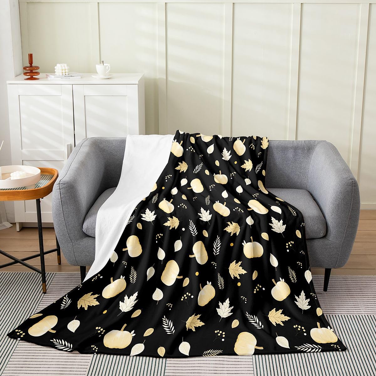 jejeloiu Fall Pumpkin Flannel Blanket Plush Fuzzy Rustic Fleece Throw Blanket Farmhouse Autumn Maple Leaves Plush Lightweight Sofa Throw Vintage Country Twin 60"x80" Black Beige for Bed Couch Chair