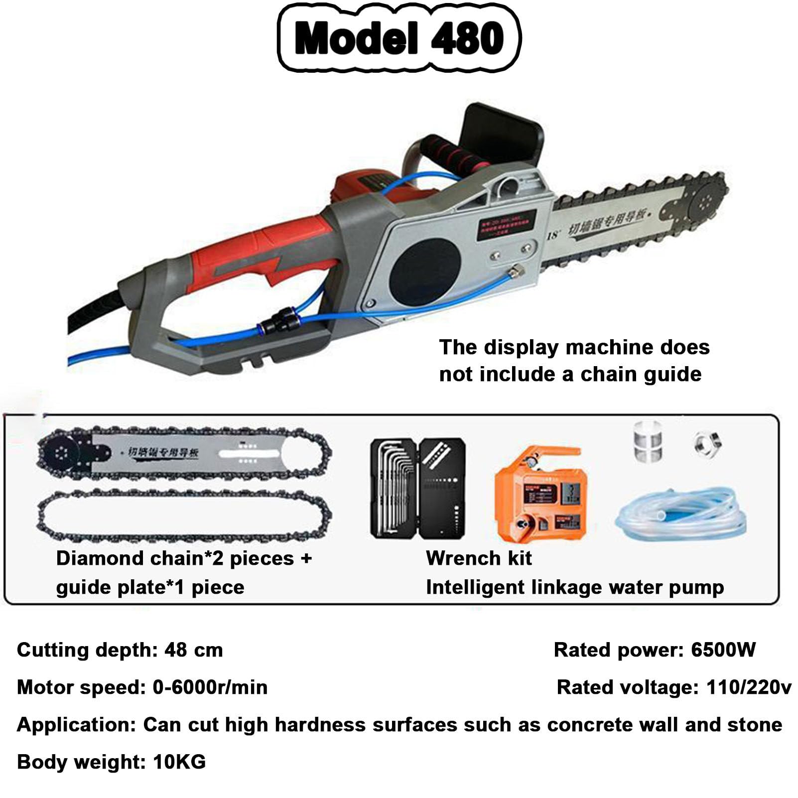 Motosierra eléctrica para hormigón, cortadora de Pared portátil con Cadena de Diamante, supresión de Polvo con alimentación de Agua, 2 Cadenas/2 guías, para Granito y hormigón Armado 480