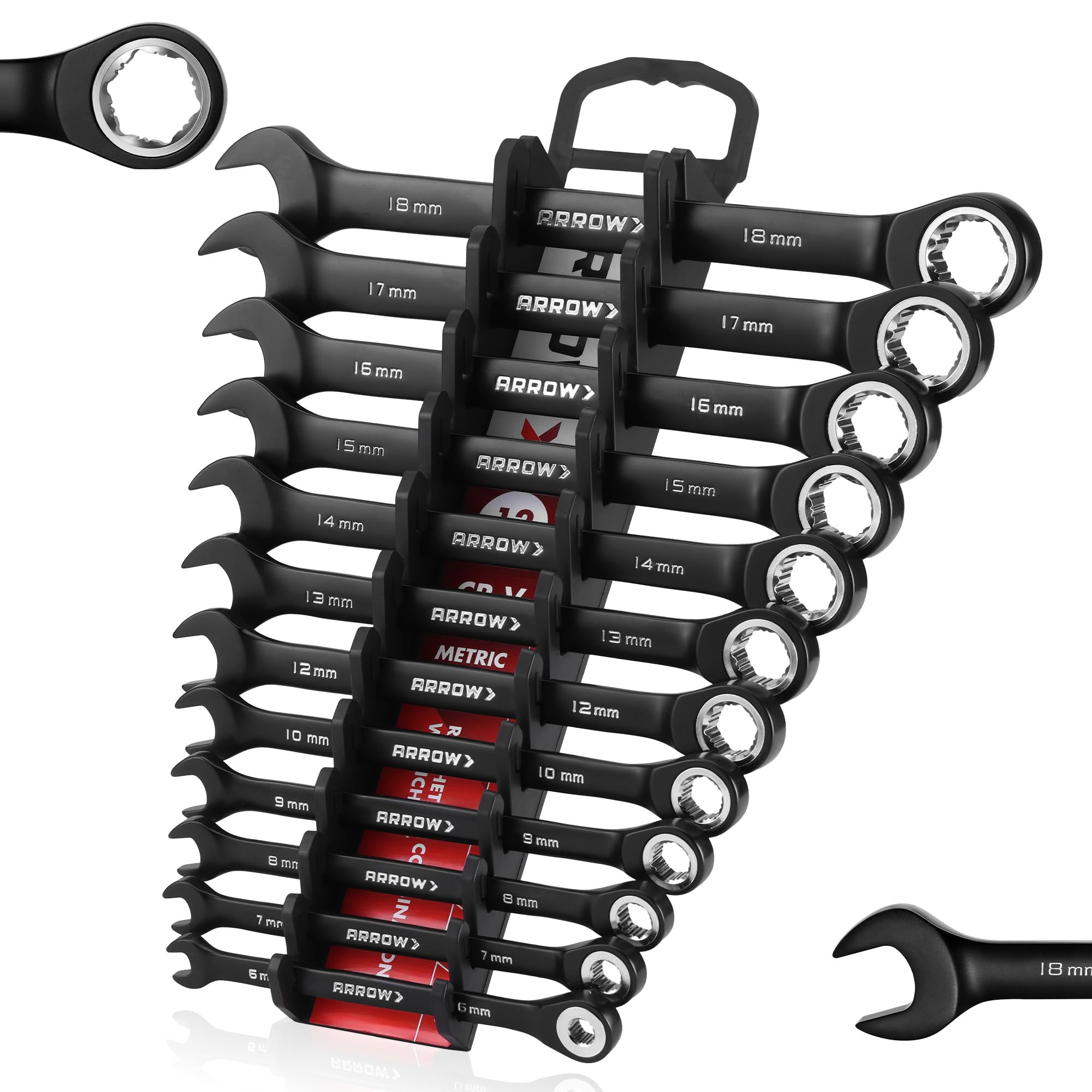 ARROW 12PCS Metric Ratcheting Wrench Set, Anti-Slip 6-18mm Combination Ratchet Wrench Set with Black Magnetic Tool Holder, Premium CRV Material, 72-Te