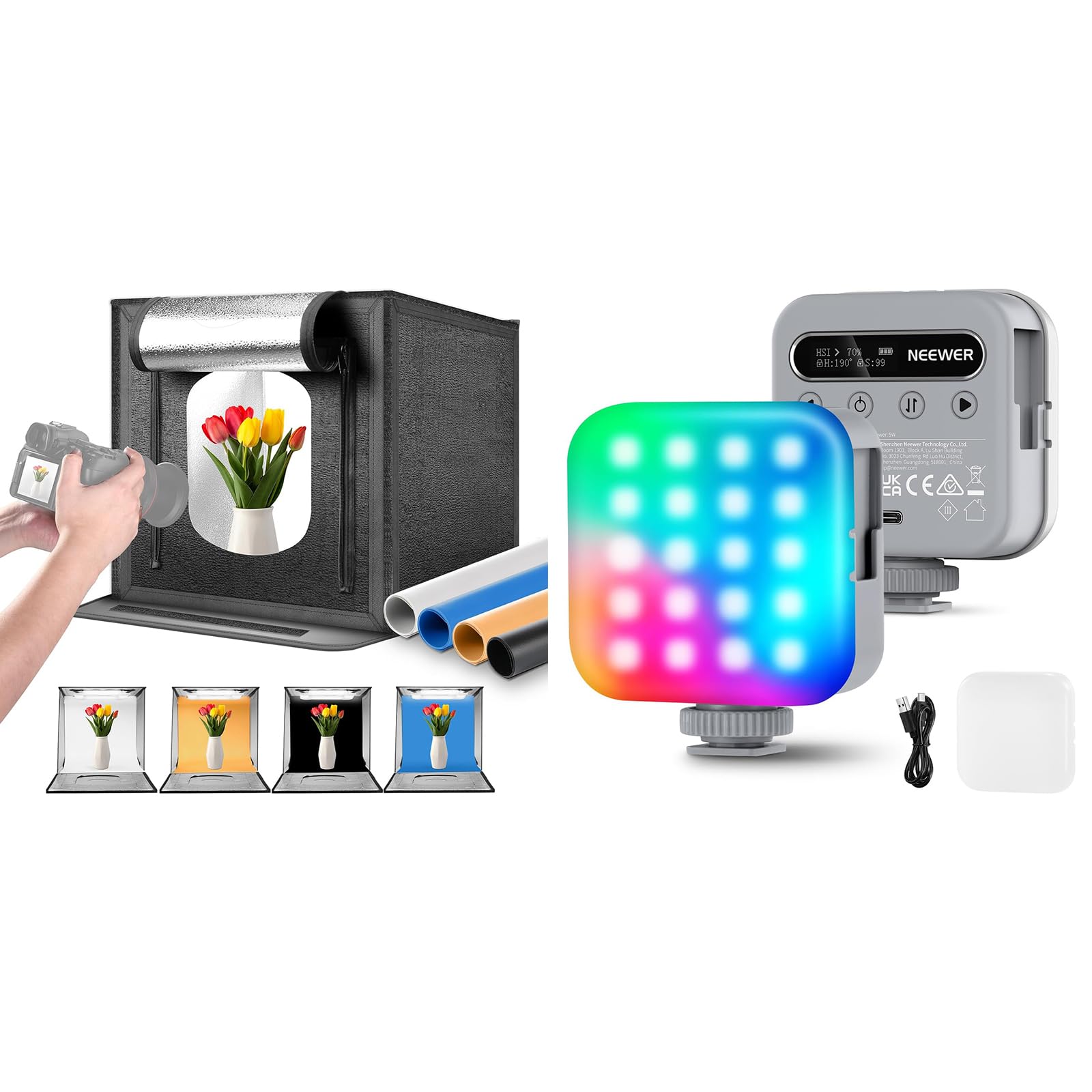 NEEWER 50W Upgraded 24"x24" Photo Studio Light Box + Basics BL60C Magnetic RGB Video Light, 5600K 160 LEDs 5200lx/0.5m Dimmable Picture Booth Shooting Tent Folding Lightbox for Jewelry Electronics