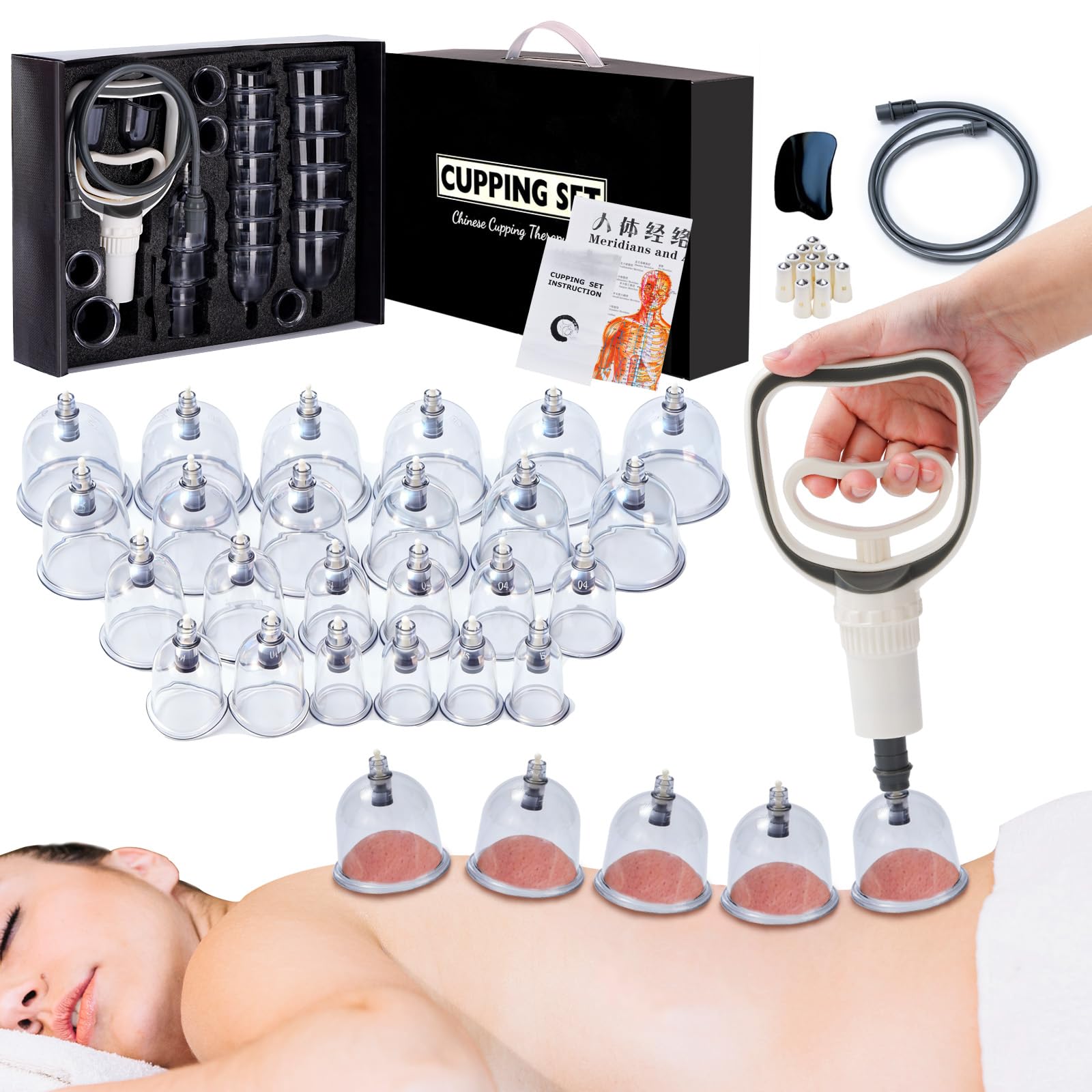 24PC Ventouse Hijama - Appareil de Massage pour Drainage Lymphatique, Anti-Âge et Éclat de la Peau, Ventouses Anti-Cellulite - Soulagement Musculaire & Détente, Ventouses à Pompe pour Jambes & Corps