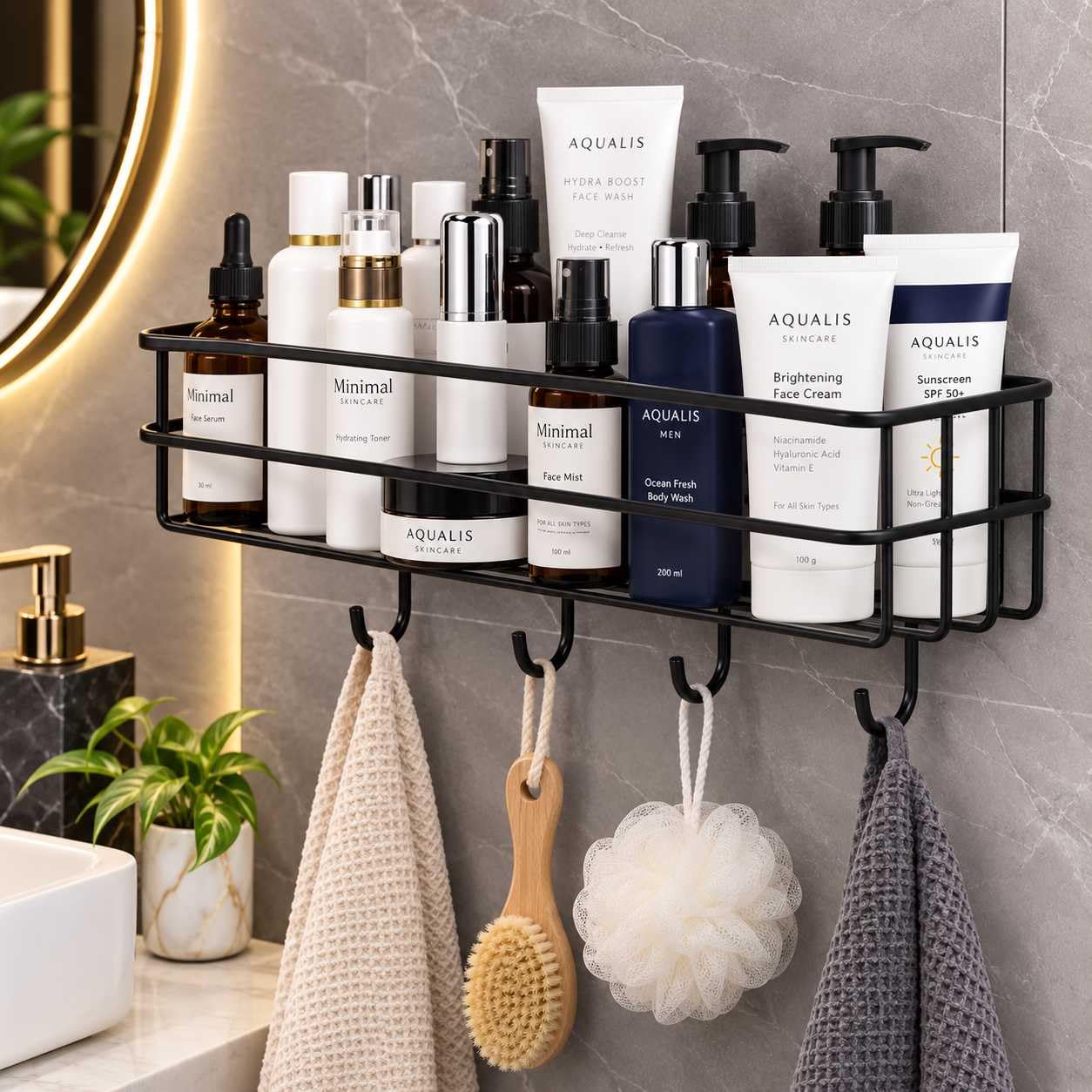 Self Adhesive Bathroom Shelf with 4 Hooks | Wall Mounted Bathroom Organizer | Rust Resistant Bathroom Rack (Pack of 2)-image-11