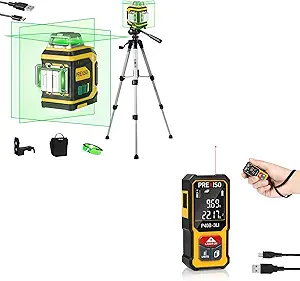 PREXISO 135Ft Rechargeable Mini Laser Measurement Tool & PREXISO Laser Level 3 X 360° with Tripod, Rechargeable Cross Line Leveler, Green Line Laser Level Self Leveling