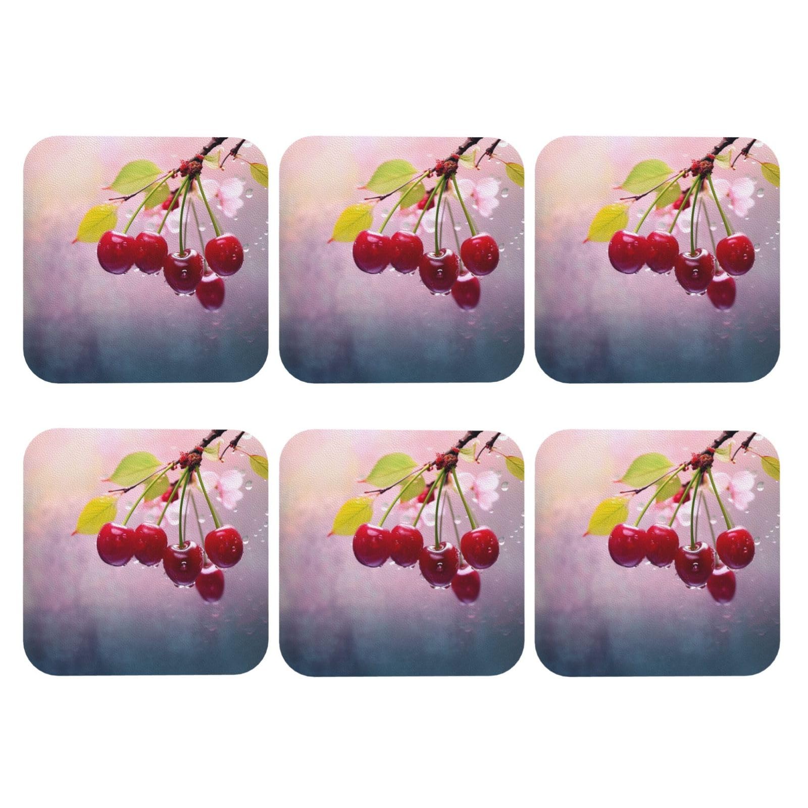 6pcs Leather Coasters for Drinks, Cherry Drink Coasters for Tabletop Protection, 4" Cup Coasters for Coffee Table Decor, Non-Slip Drinking Cup Mat for Hot Or Cold Drink