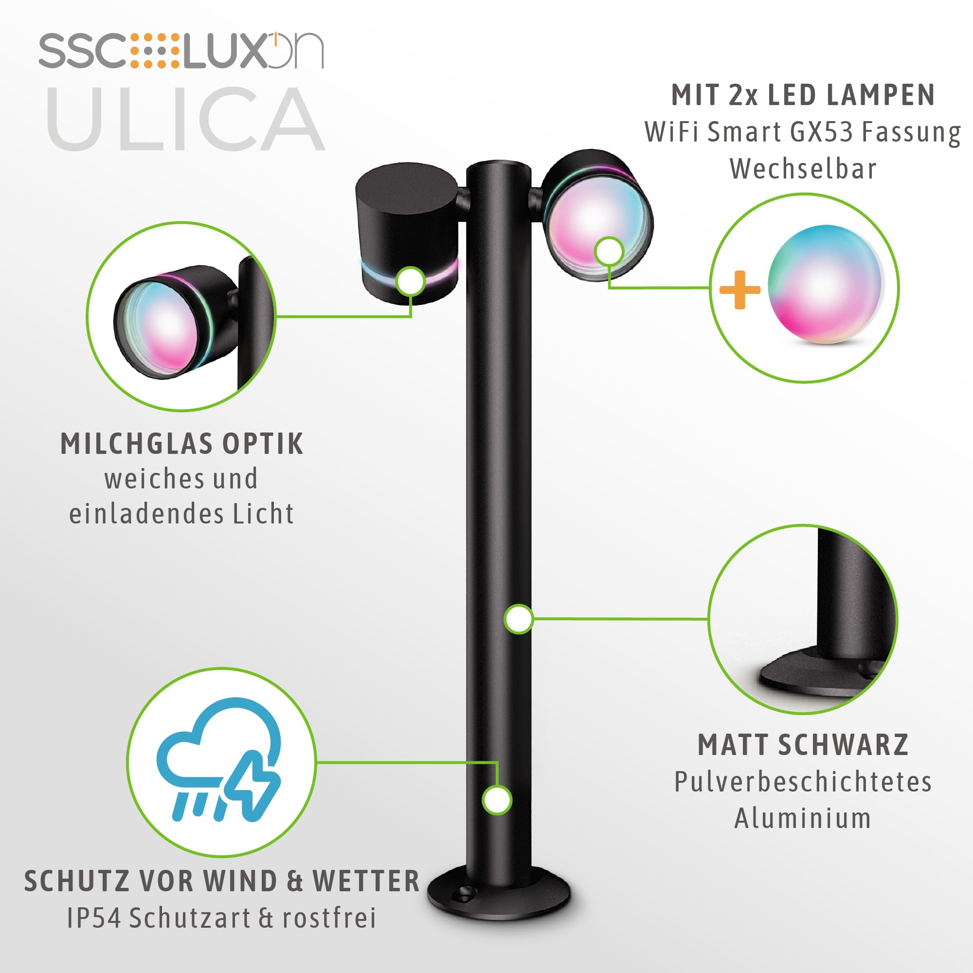 SSC-LUXon ULICA Outdoor Standleuchte mit 2x Smart Home WLAN RGB LEDs GX53 5W - Pollerlampe schwenkbar per App & Sprache steuerbar