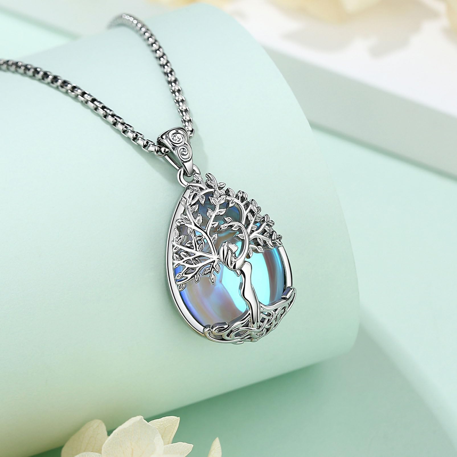 Collana Femminile Dell'albero Della Vita, Ossidina Turchese Ametista Lunare Lunare a a Sospensione di Protezione dei Colletti Gioielli di Protezione del Colletto, 20"+2"