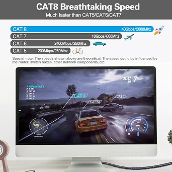 HiiPeak Cat 8 Ethernet Cable 3 ft, Flat Nylon Braided Internet Cable, High-Speed 40Gbps Network Patch LAN Cable, RJ45 Gaming Cable for Modem, Router, PC, Xbox, Laptop Computer, Black and Grey(3ft)
