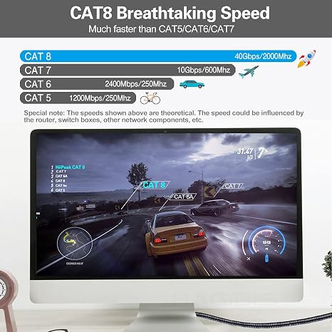 HiiPeak Cat 8 Ethernet Cable 3 ft, Flat Nylon Braided Internet Cable, High-Speed 40Gbps Network Patch LAN Cable, RJ45 Gaming Cable for Modem, Router, PC, Xbox, Laptop Computer, Black and Grey(3ft)