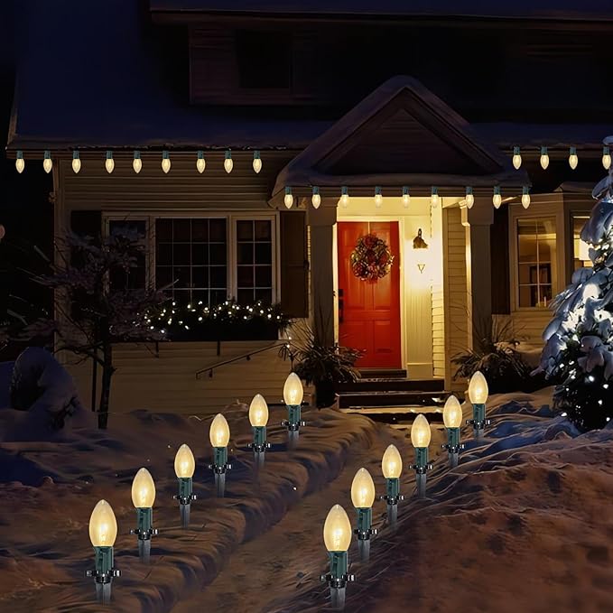 38FT C9 Christmas Pathway Lights Outdoor,25 Pack Warm White Connectable