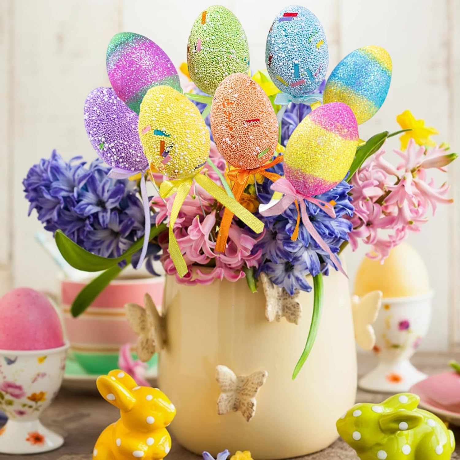 12 Pieces Easter Egg Foam Picks for Spring DIY Craft Artificial Floral Arrangement Centerpiece Pastel Speckled Colorful Decorative Mini Egg Ornaments for Easter Party Decoration