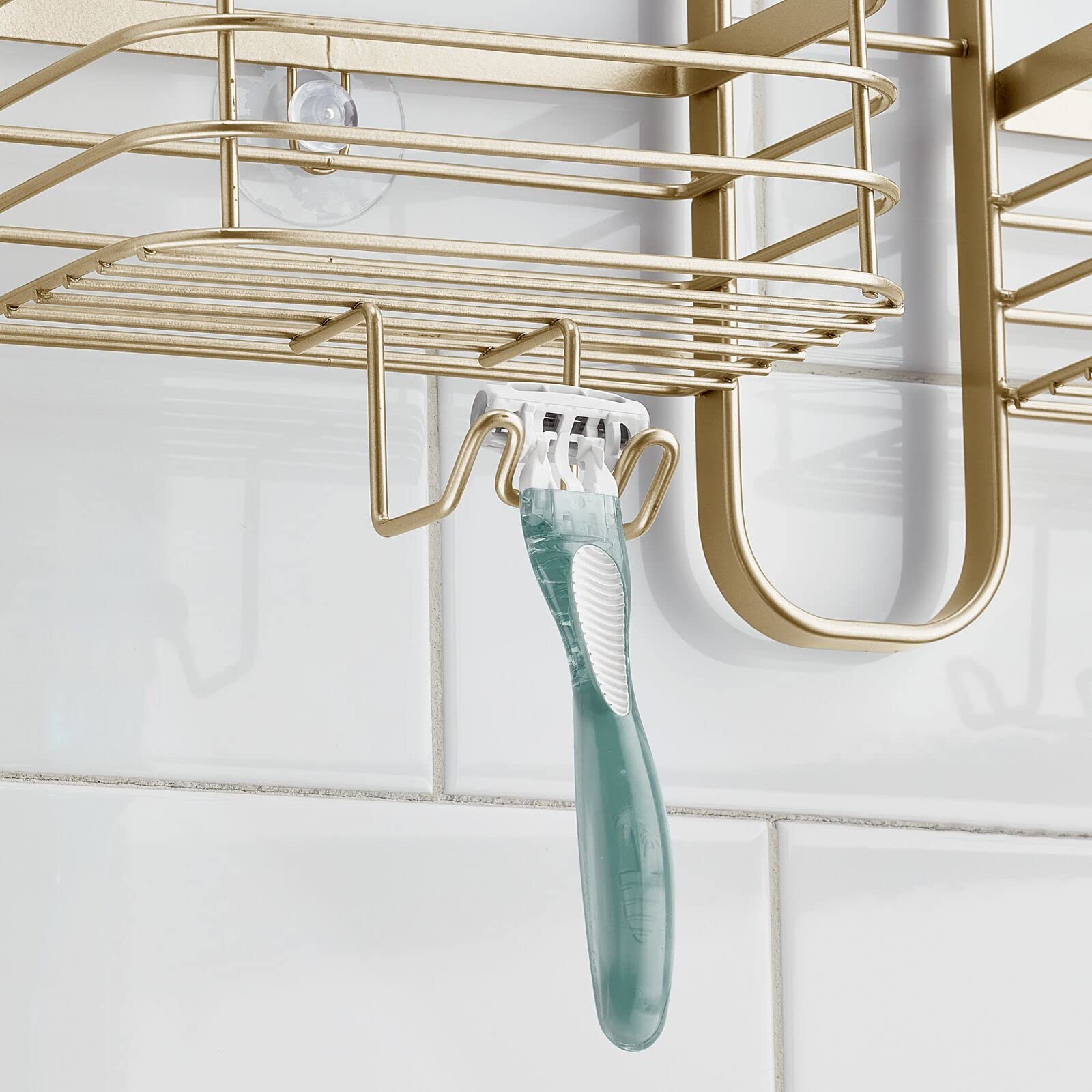 mDesign Organizador de ducha colgante de acero metálico, organizador de 4 cestas para baño; sostiene cabezal de ducha de mano, manguera, champú, acondicionador, crema de afeitar, jabón, lufa