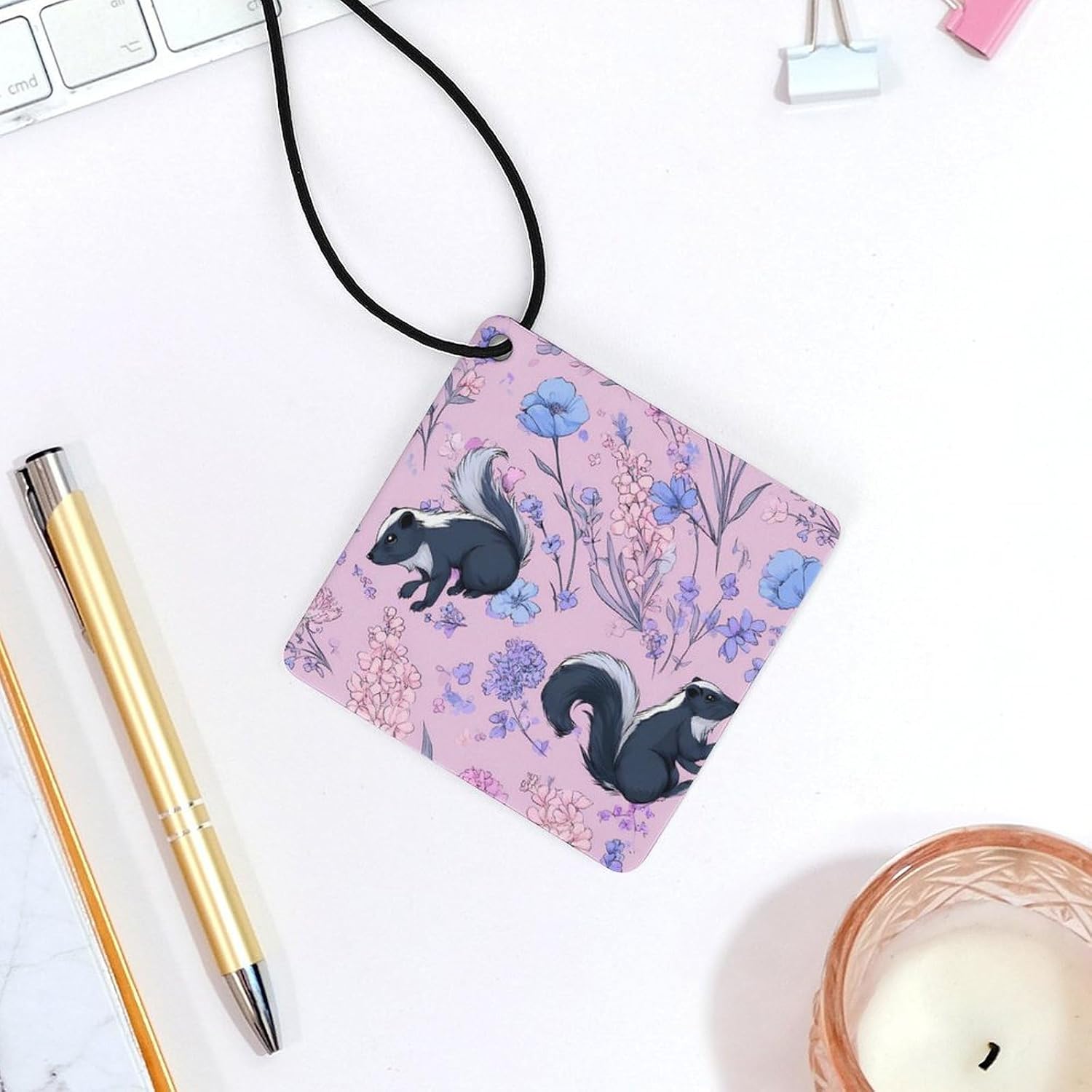 Skunks in Botanical Flowers Car Air Freshener Cute Hanging Aromatherapy Tablets for Car Home Rhombus