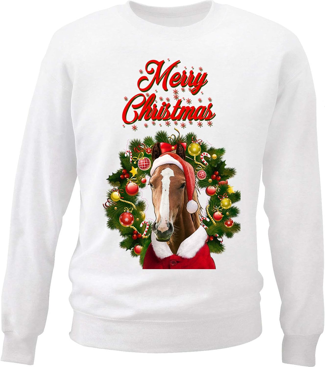teesquare1st Men's Horse Merry Christmas Santa White Sweatshirt Christmas Sweatshirts For Men