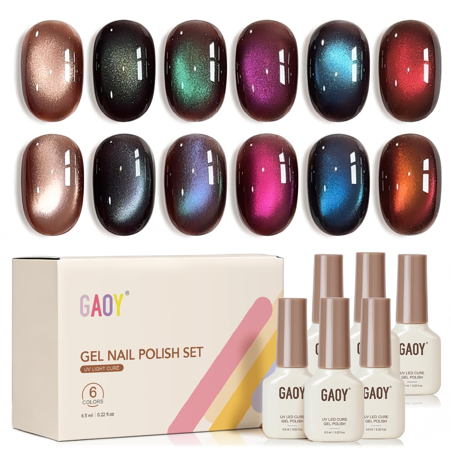 GAOY Glitter Cat Eye Gel Nail Polish Kit with Magnet, 6 Colors Colorful Holographic Nail Polish Set, UV Cure Gel for DIY Manicure at Home 0.22 fl.oz