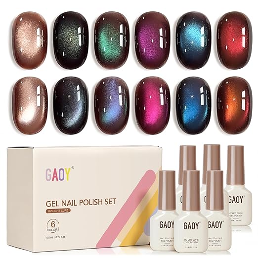 GAOY Brown Chameleon Cat Eye Gel Polish Kit with Magnet, 6 Colors Glitter Holographic Nail Polish Set, UV Cure Gel for DIY Manicure at Home