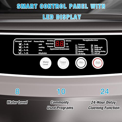 Miniatura 5 de Lavadora automática de 17.6 libras, lavadora portátil totalmente automática con pantalla LED, 10 programas de lavado, 8 niveles de agua, función de