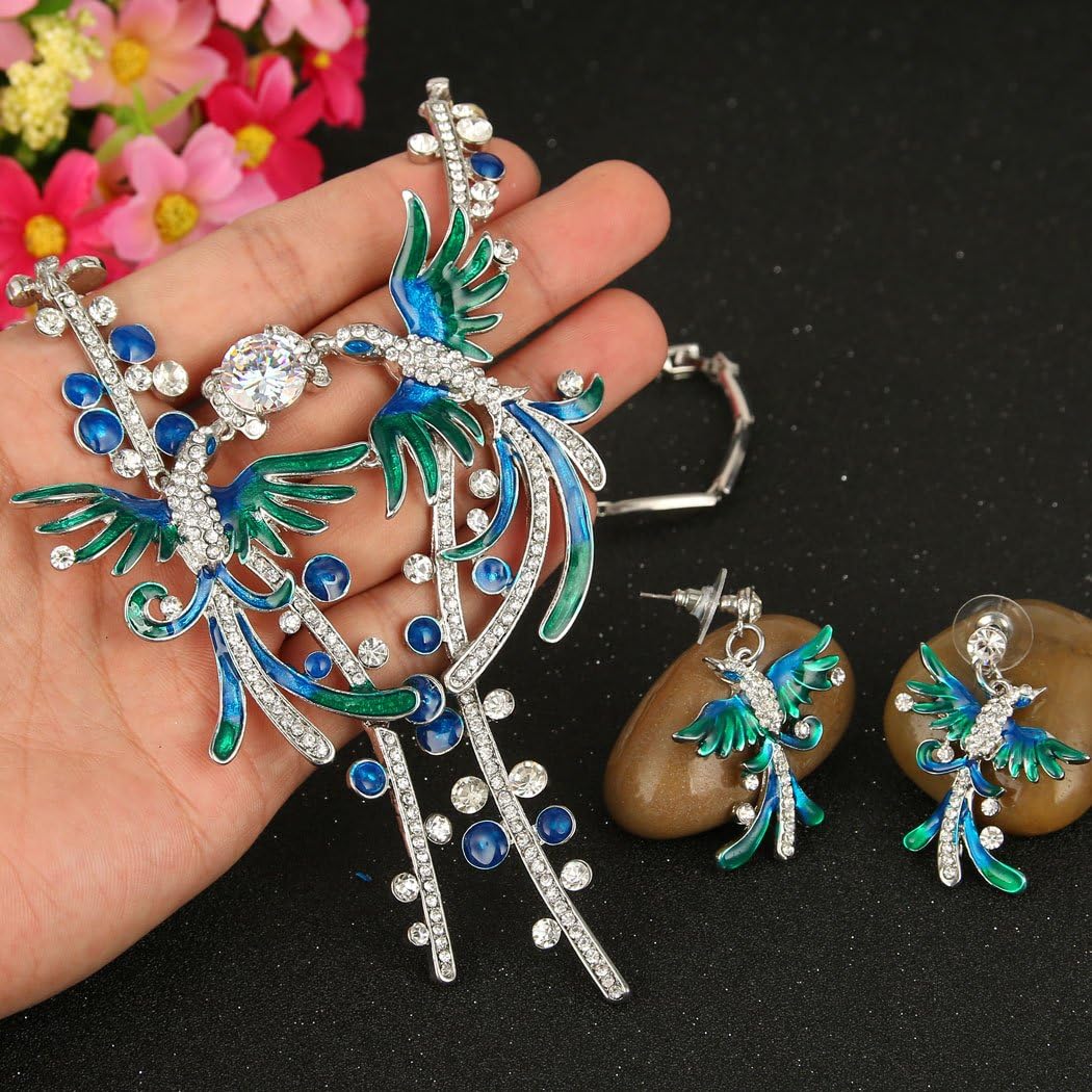 EVER FAITH Austrian Crystal CZ Enamel 2 Phoenix Bird Animal Lover Necklace Earrings Set