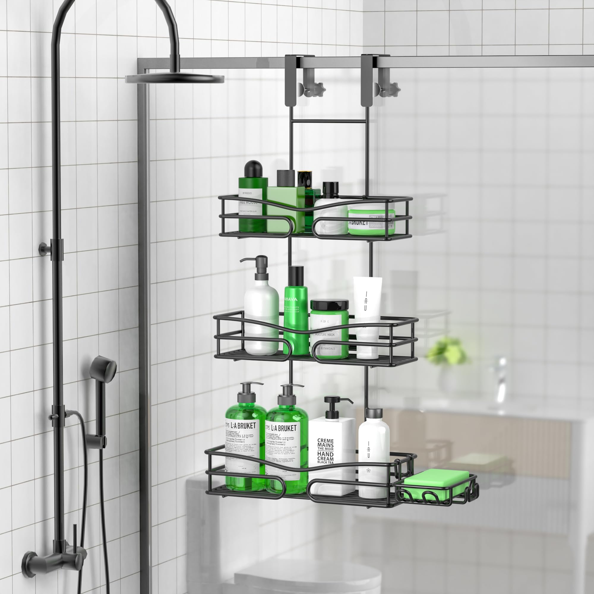 DAOYA Over the Door Shower Caddy – No Drill Adjustable Hanging Shower Caddy with 3-Tier Racks & Soap Holder – Rustproof Stainless Steel Bathroom Storage Organizer Black