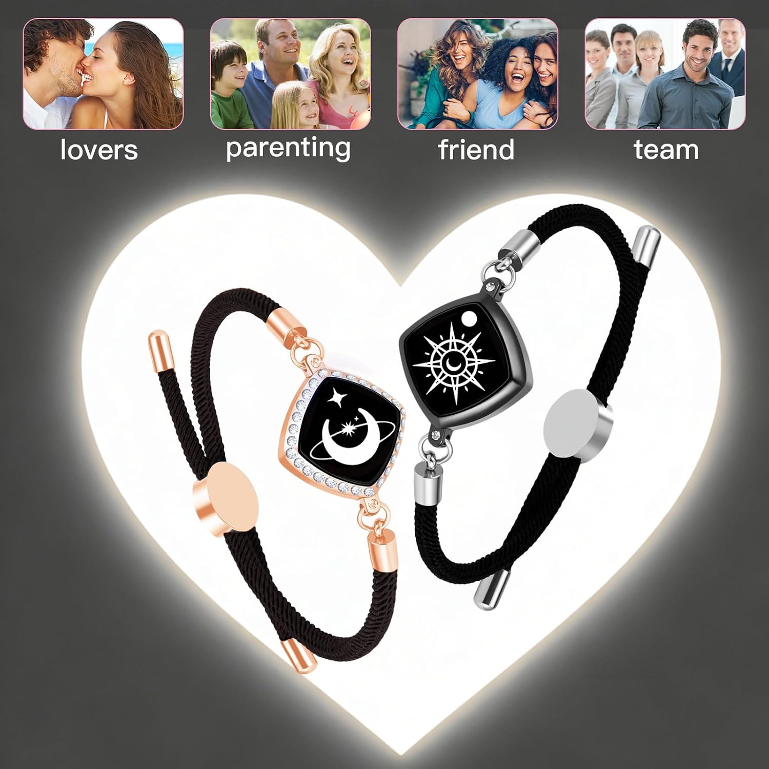 Long Distance Touch Bracelets, Vibration & Light up Remote Smart Matching Couples Bracelet for Couple Friend Relationship Girlfriend Boyfriend Festival Gifts Lover Jewelry Set Star Moon Eternal Love