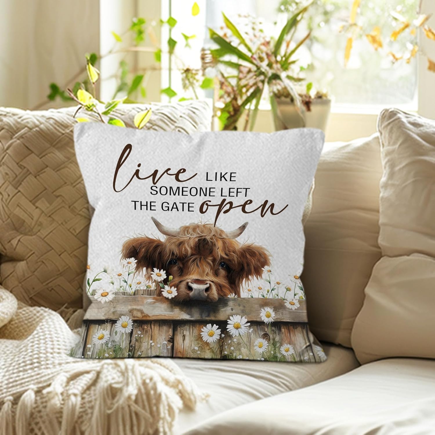 Highland Cow Throw Pillow Covers 18x18,Farmhouse Western Animal Cows Pillow Covers for Home Bedroom Couch, Live Like Someone Left The Gate Open, Highland Cow Gifts - Image 5