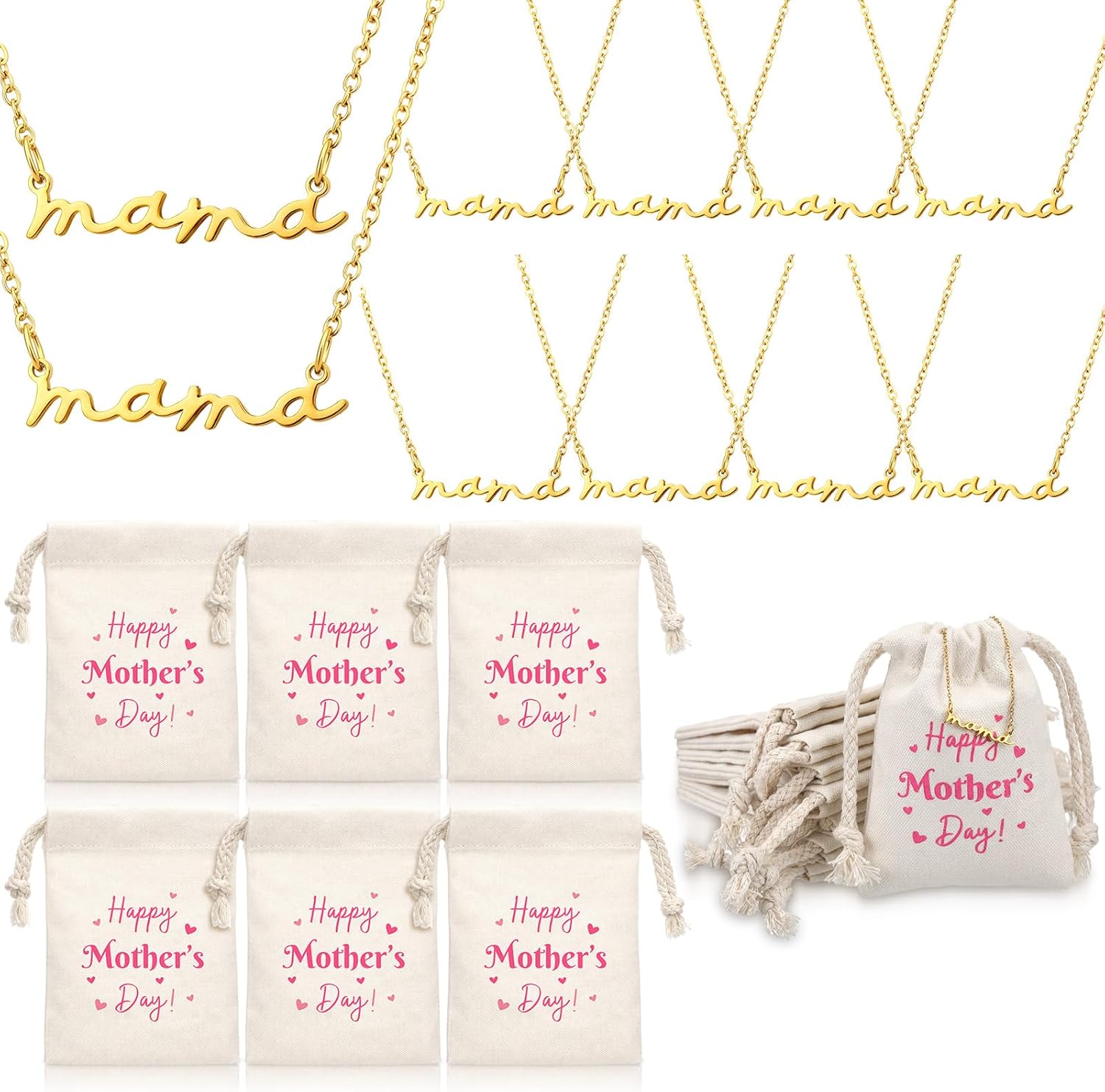 Yinkin 12 Pcs Mom Necklace Bulk Mother Day Church Gifts Mama Pendant Necklace with Drawstring Canvas Bags Jewelry for Women Wife