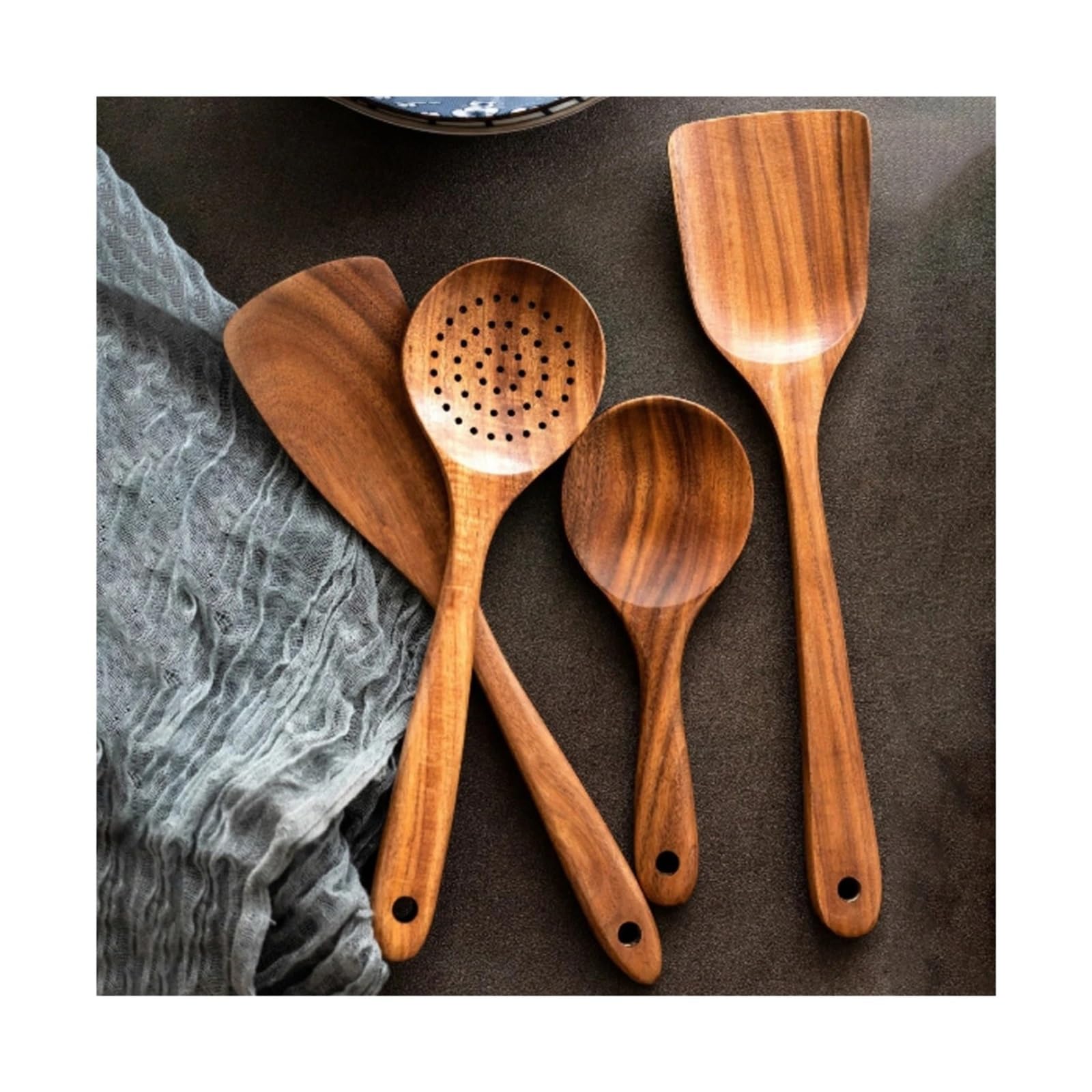Küchenutensilien-Set aus Holz, bestehend aus Pfannenwender, Löffel, Salatgabel, Rührlöffel, Backutensilien und Aufbewahrungseimer.(5Pcs)