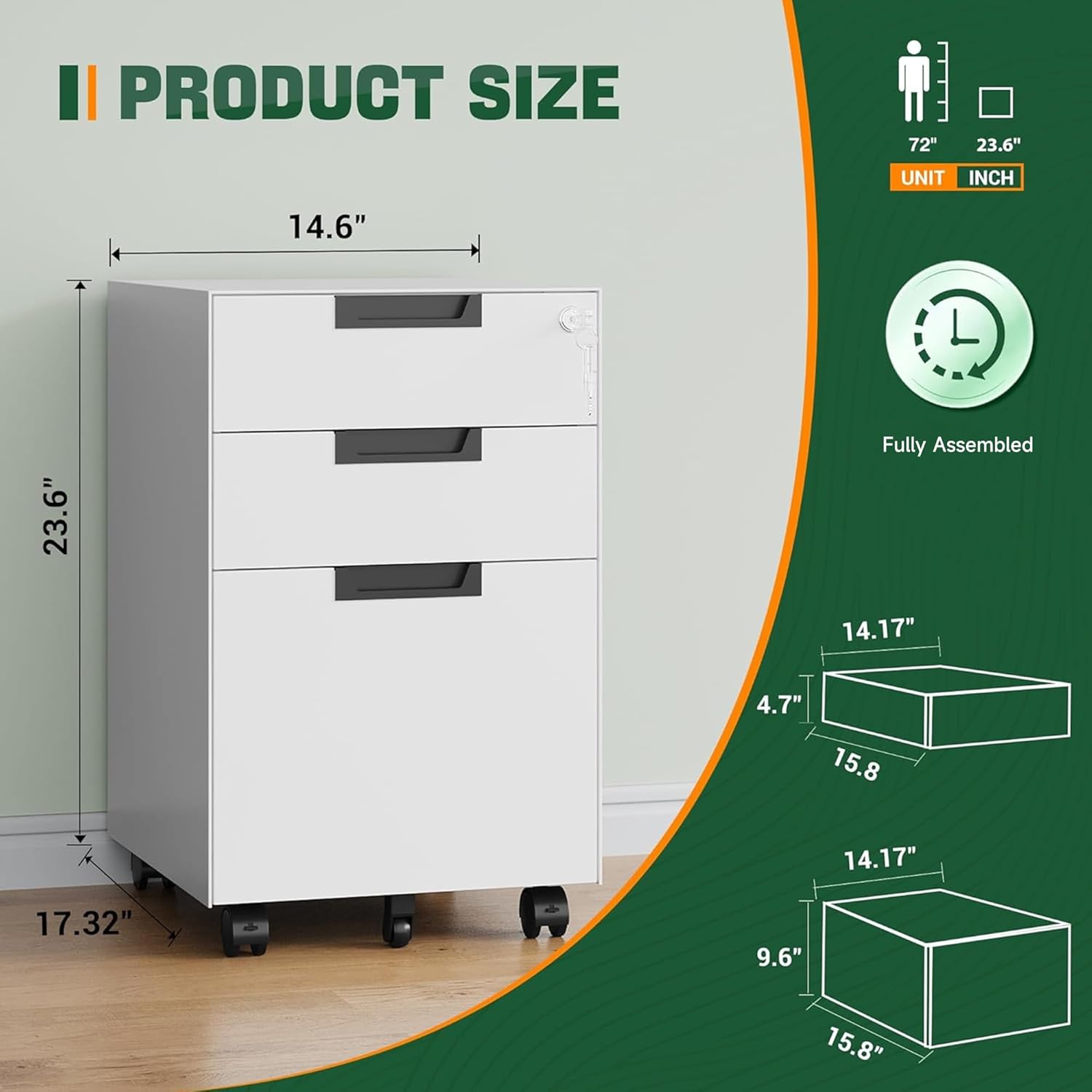 Diagram showing the dimensions of the Letaya 3-Drawer Mobile File Cabinet: 14.6 inches wide, 17.32 inches deep, and 23.6 inches high.