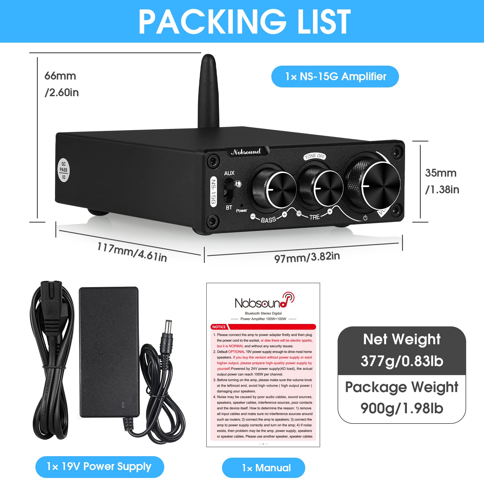Nobsound 200W Mini Bluetooth Digital Verstärker HiFi Stereo Amplifier mit Bass und Höhenregler für Heimlautsprecher