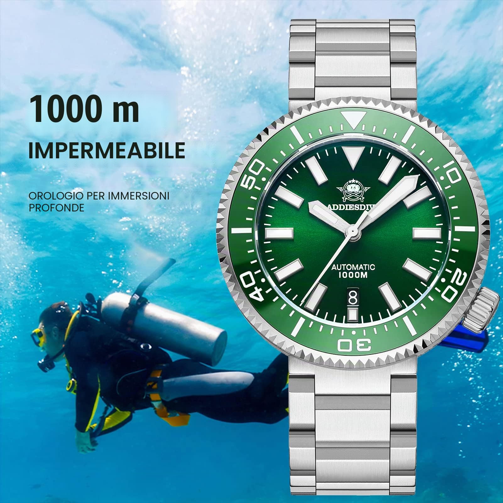 ADDIESDIVE Diver 1000M Orologio Verde Automatico NH35A Uomo Acciaio Luminescente Zaffiro Sintetico