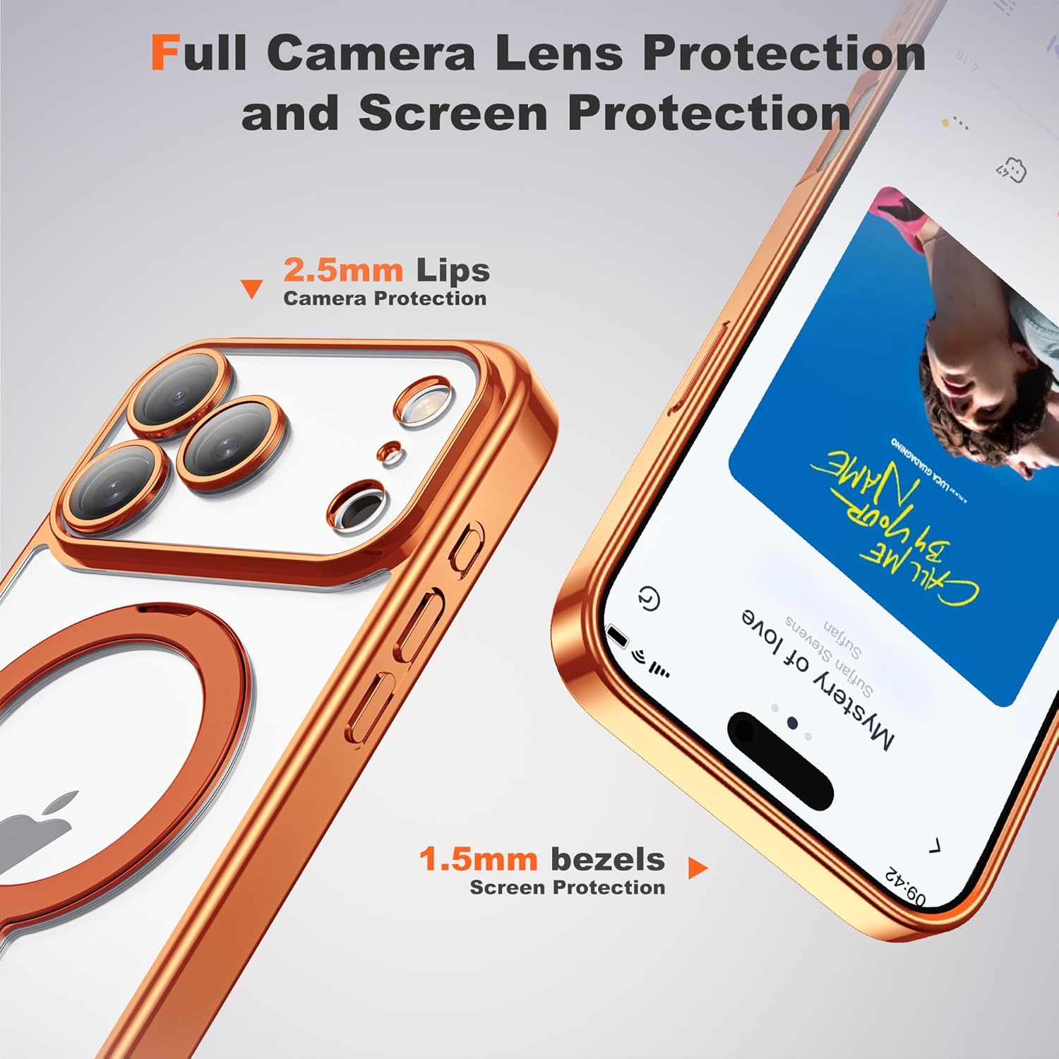 Compatible with iPhone 17 Pro Max Case with 360° Spin Magnetic Ring Stand [Compatible with Mag-Safe] Camera Lens Protector Plating Clear Phone Case for iPhone 17 Pro Max 6.9", Orange - Image 6